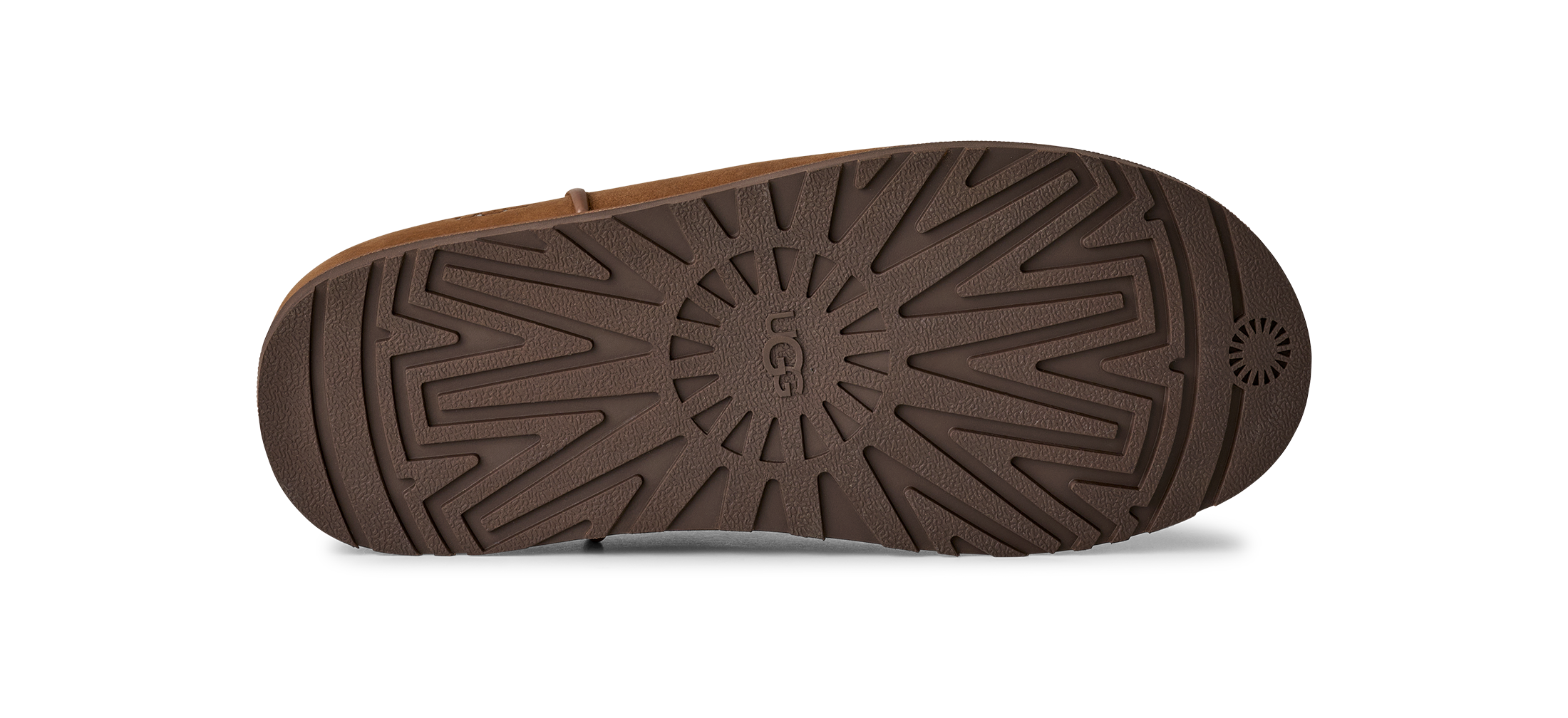 Brown sole of a shoe with a brand logo on a white background