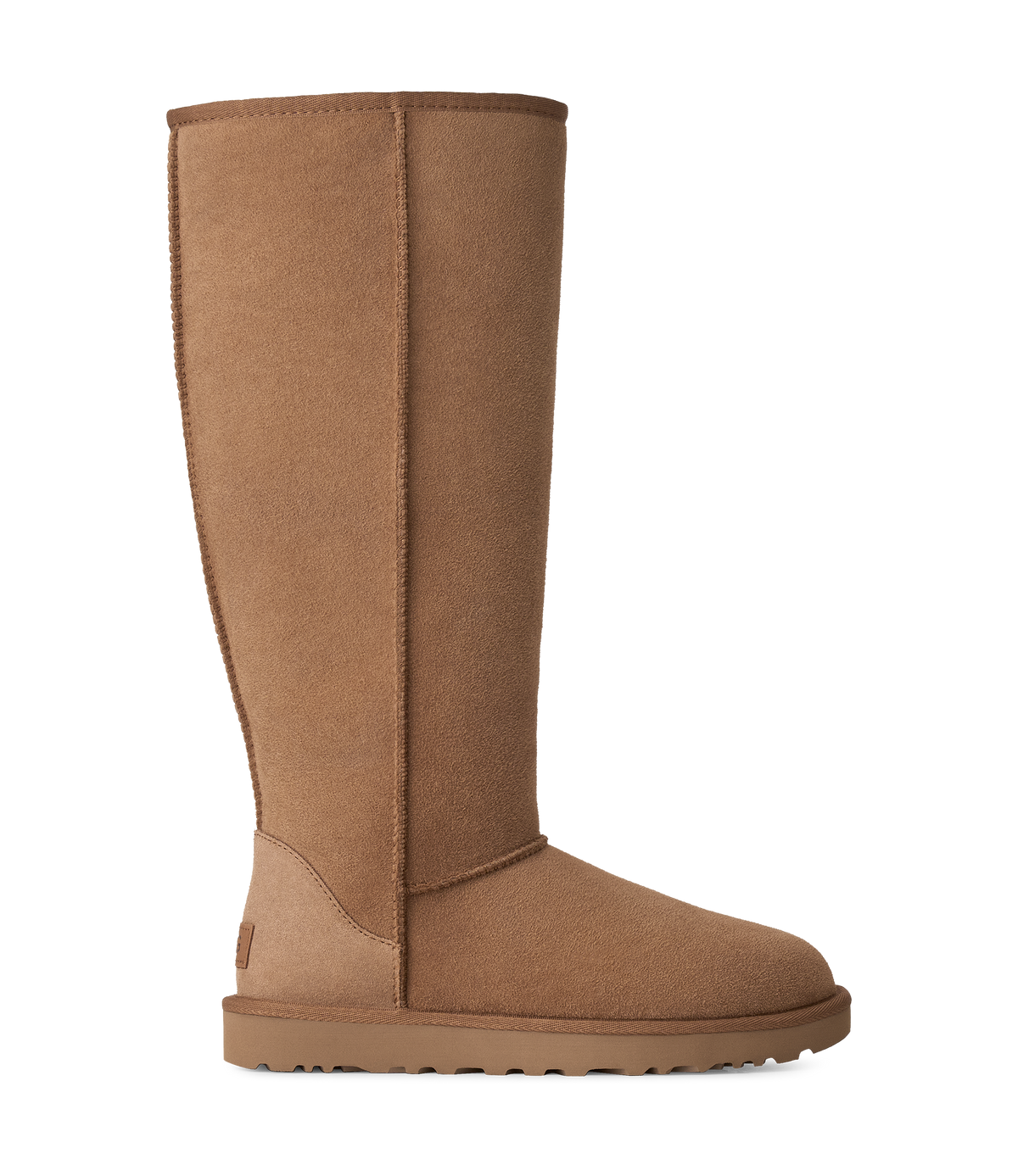 A tall, mid-calf suede boot in a warm camel brown color, shown from a side profile view against a plain white background.
