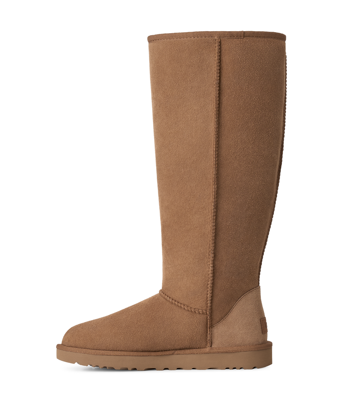 A single mid-calf suede boot in a warm tan-brown color, shown in a side profile against a plain white background.