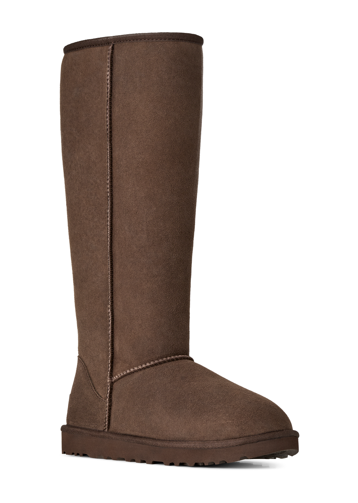 A single mid-calf boot in brown suede, shown from a side profile against a plain white background.