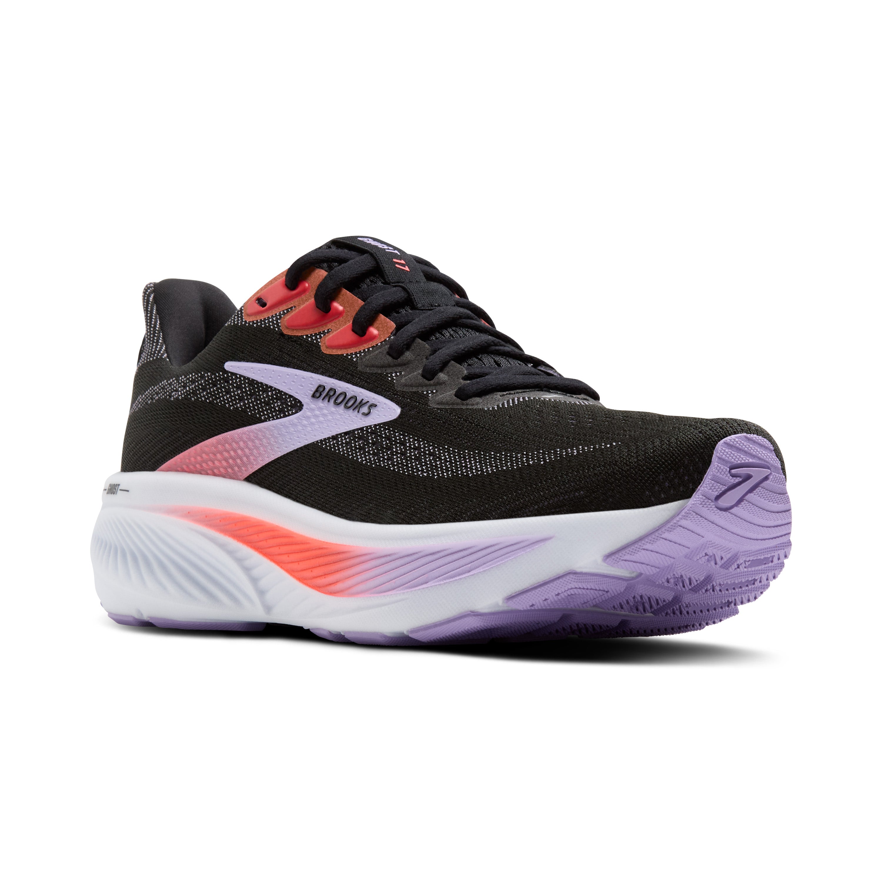 Black running shoe with purple and red accents on a white background