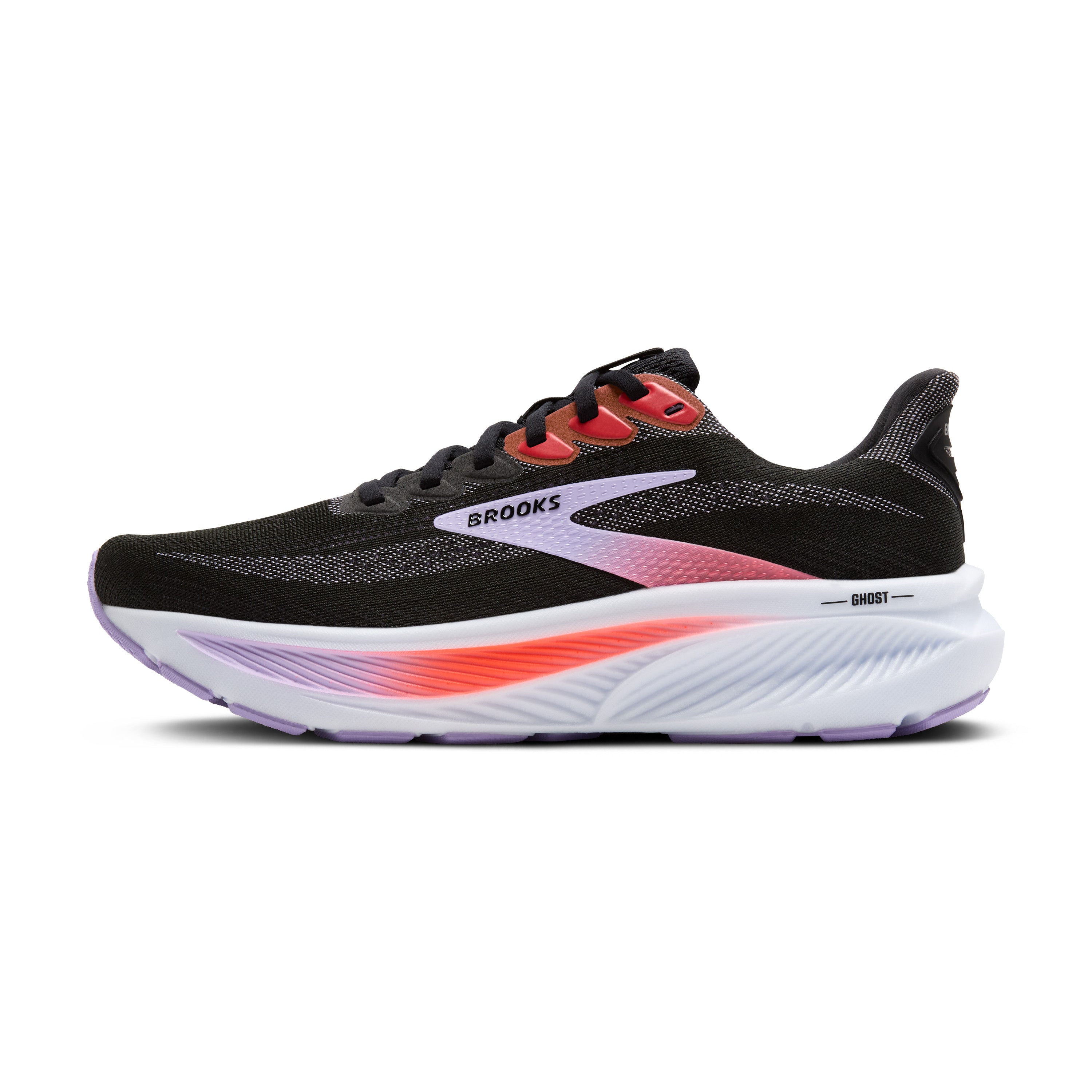 Black running shoe with red and white accents on a white background