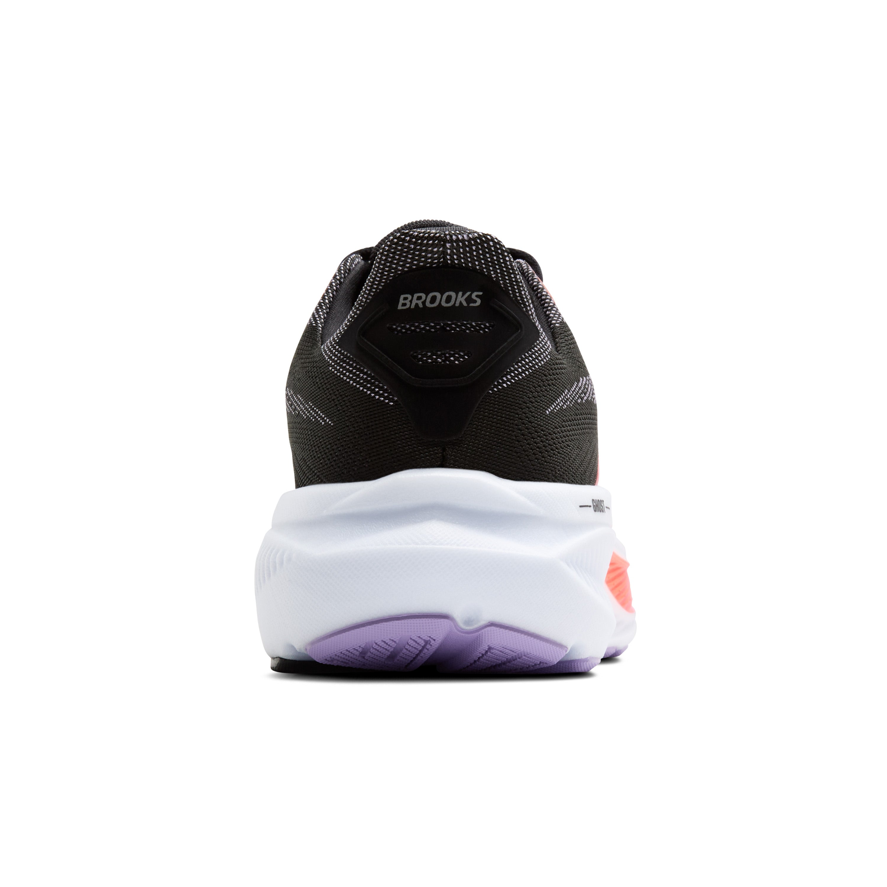 Black running shoe with white sole on a white background