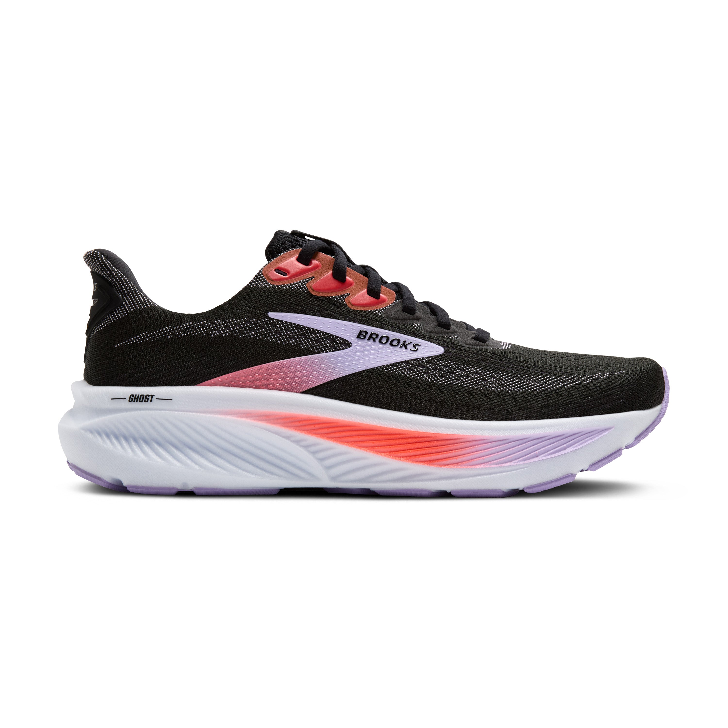 Black running shoe with red and white accents on a white background