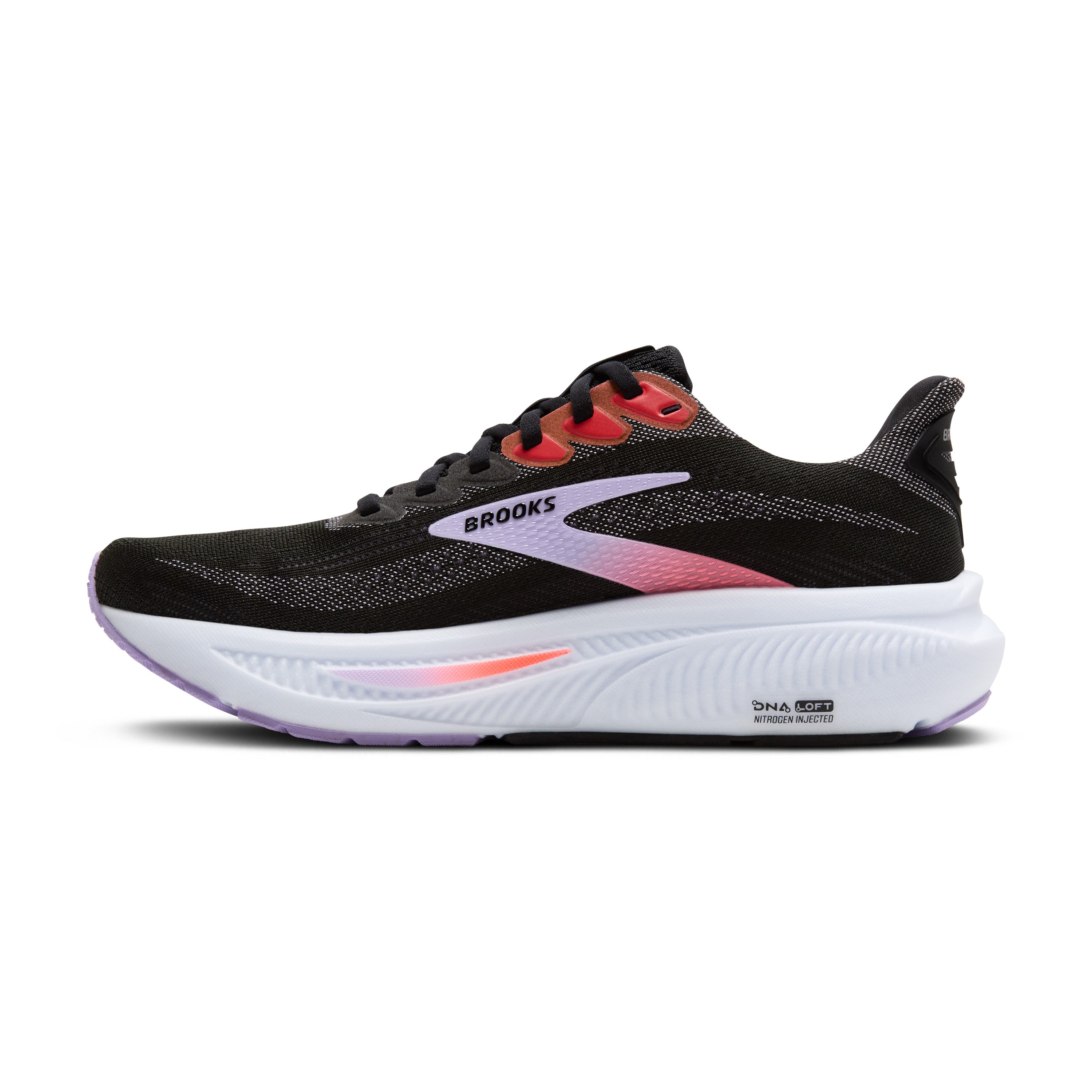 Black running shoe with pink accents on a white background