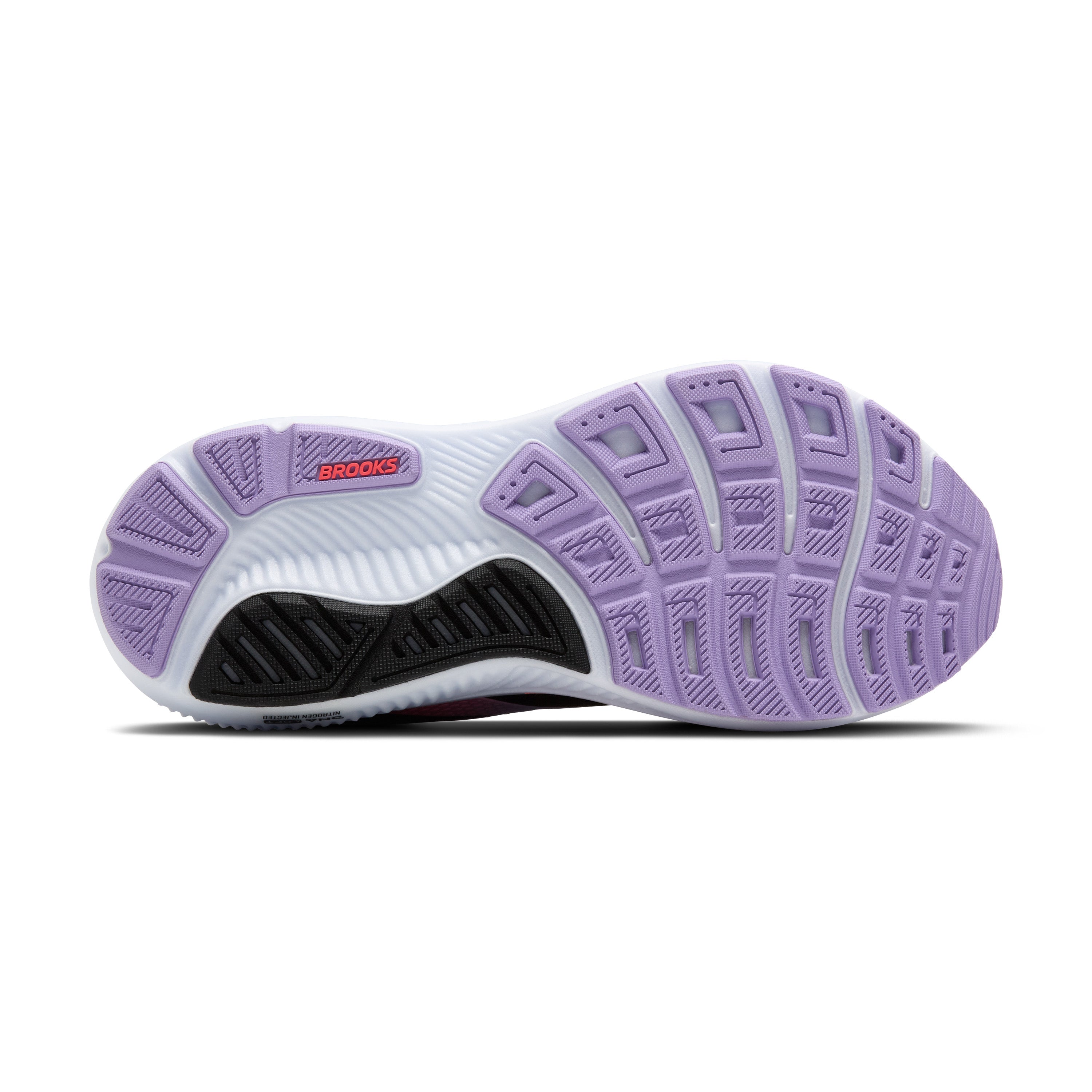 White running shoe with purple sole on a white background