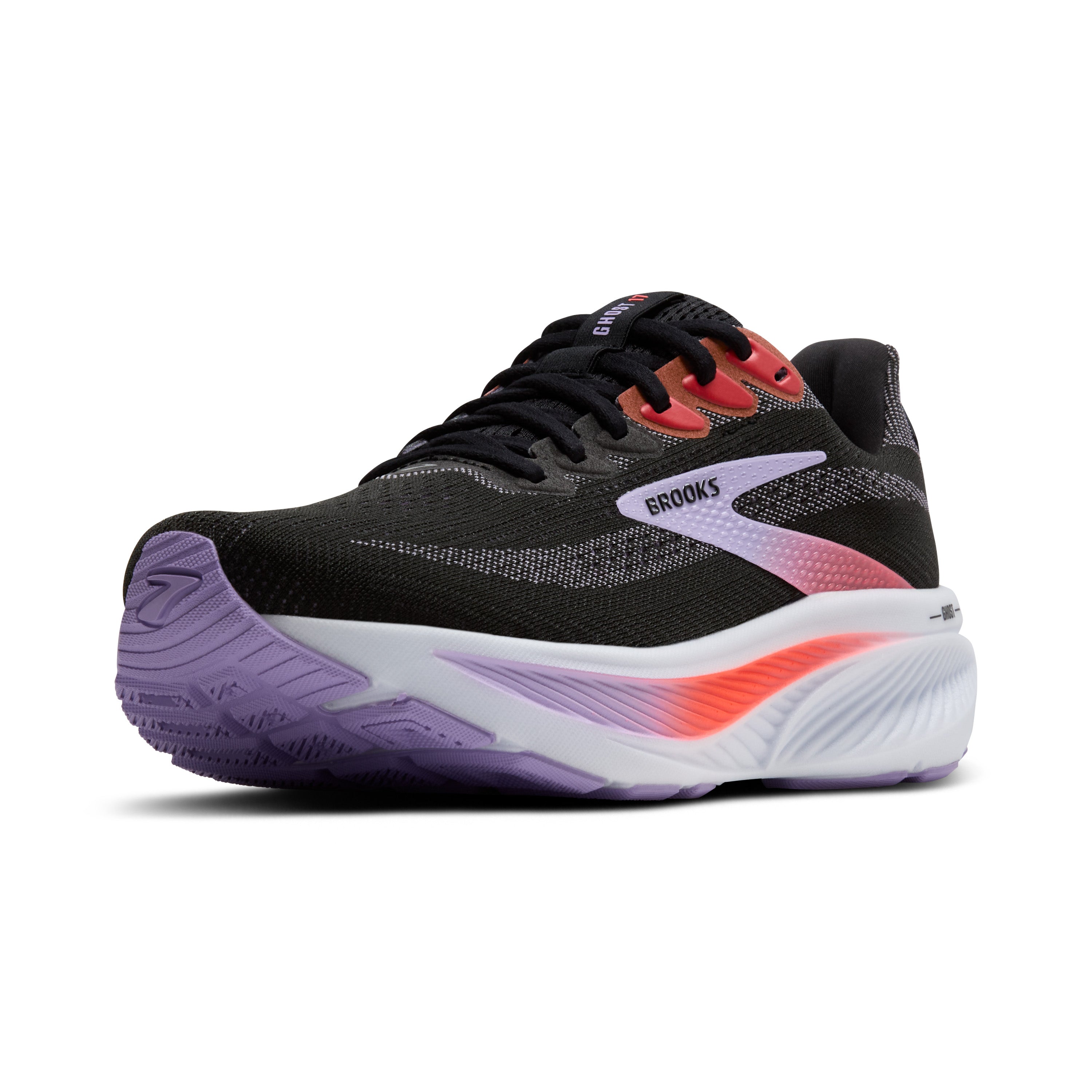 Black running shoe with purple and red accents on a white background