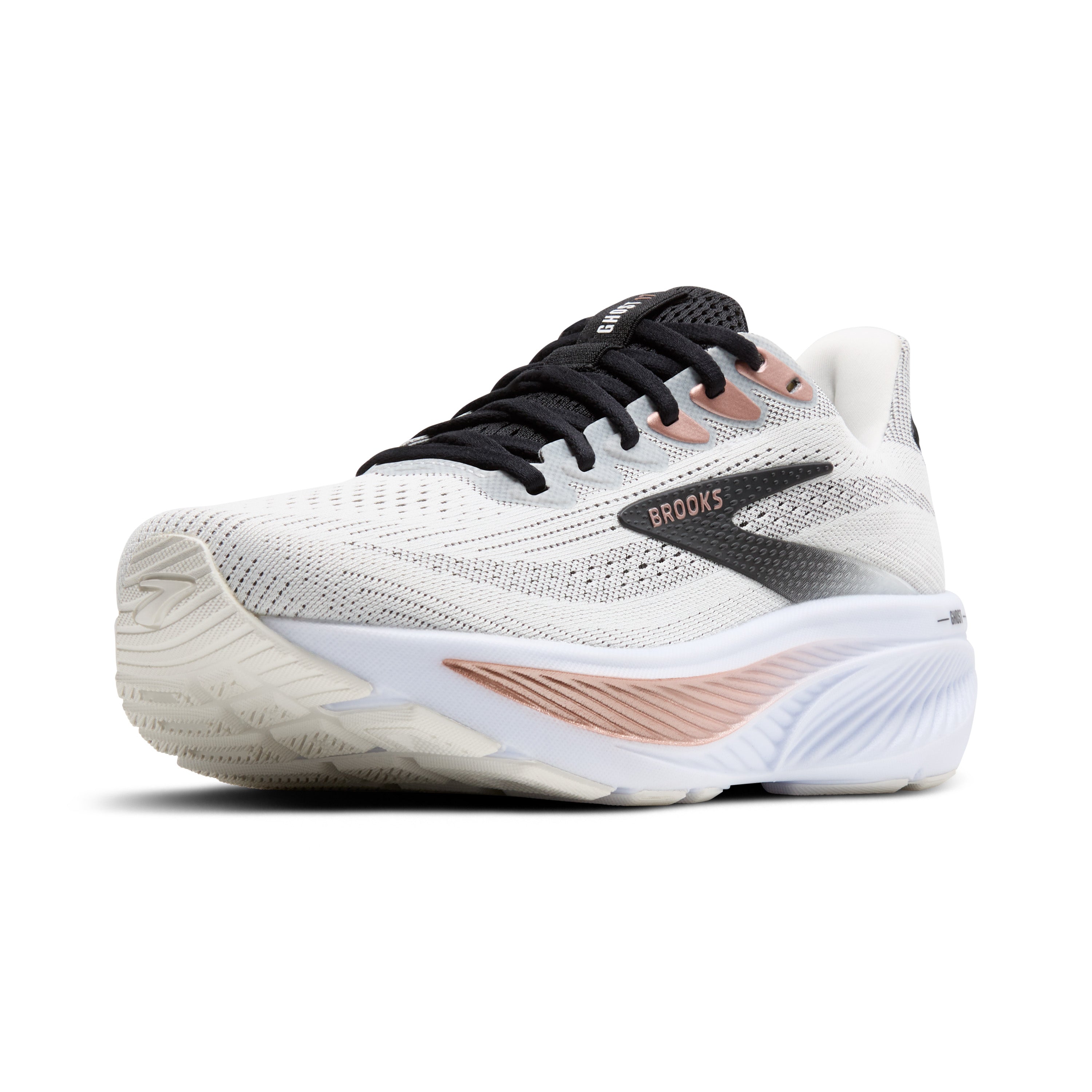White running shoe with black and rose gold accents on a white background