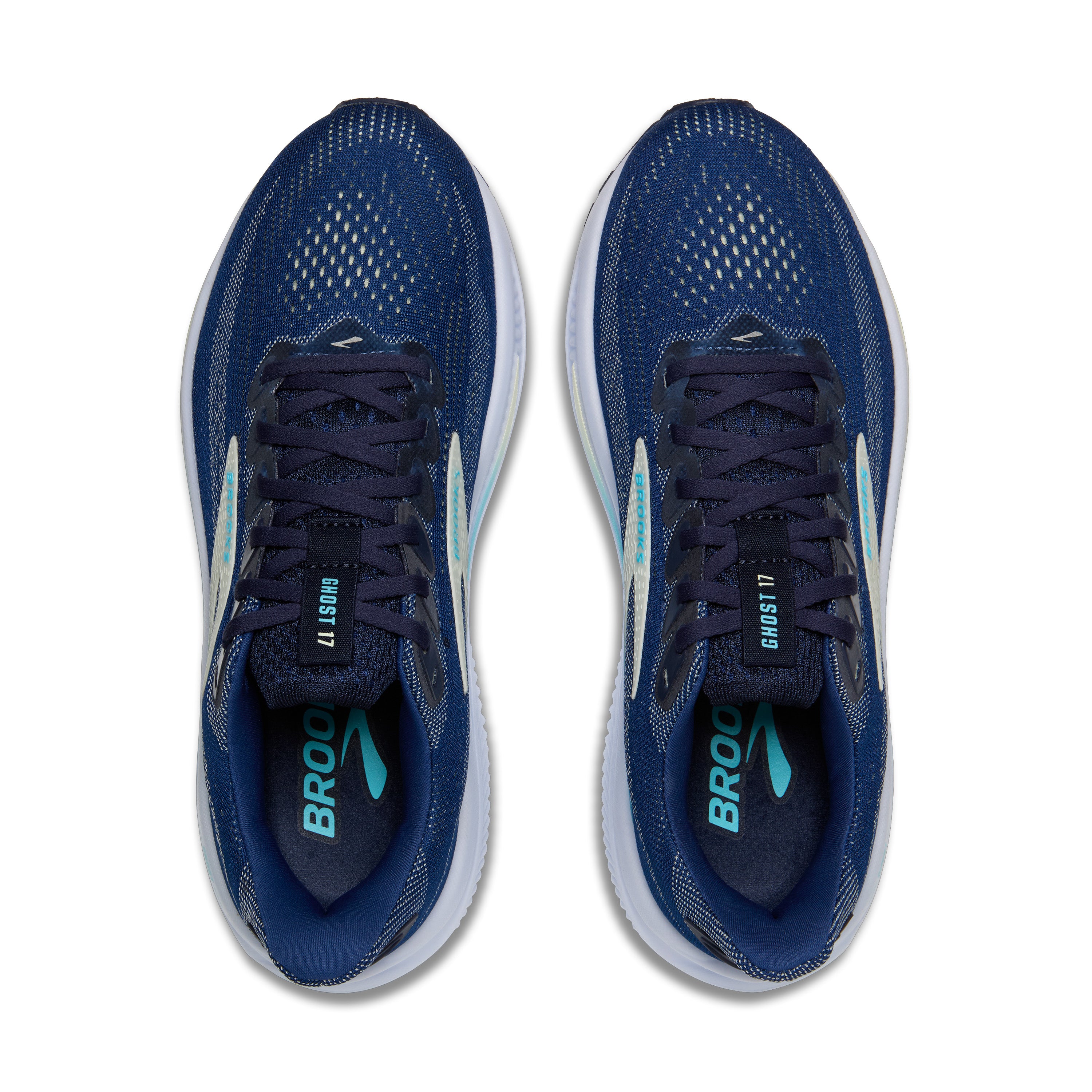 Pair of blue running shoes with white soles on a white background
