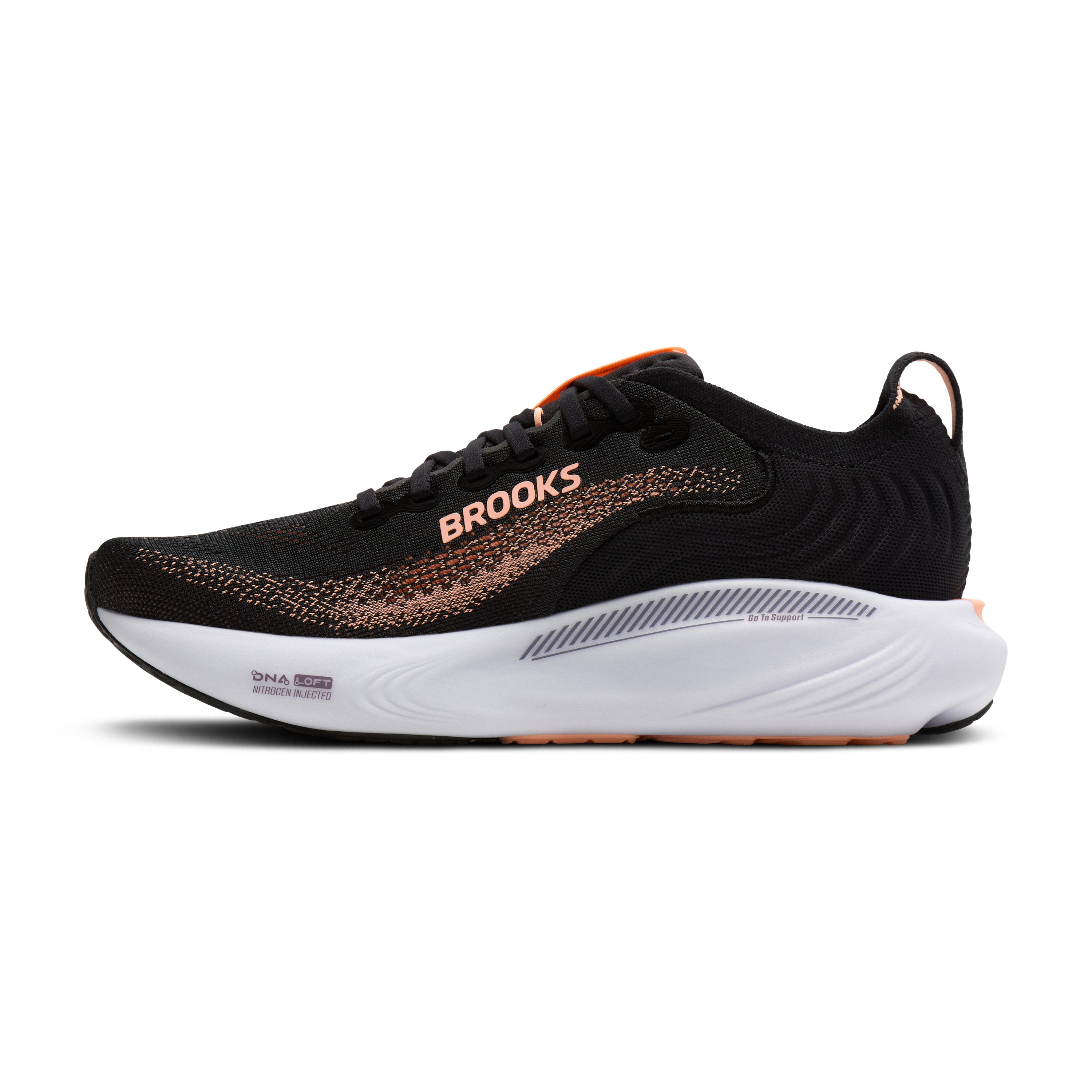 Black running shoe with white sole on a white background