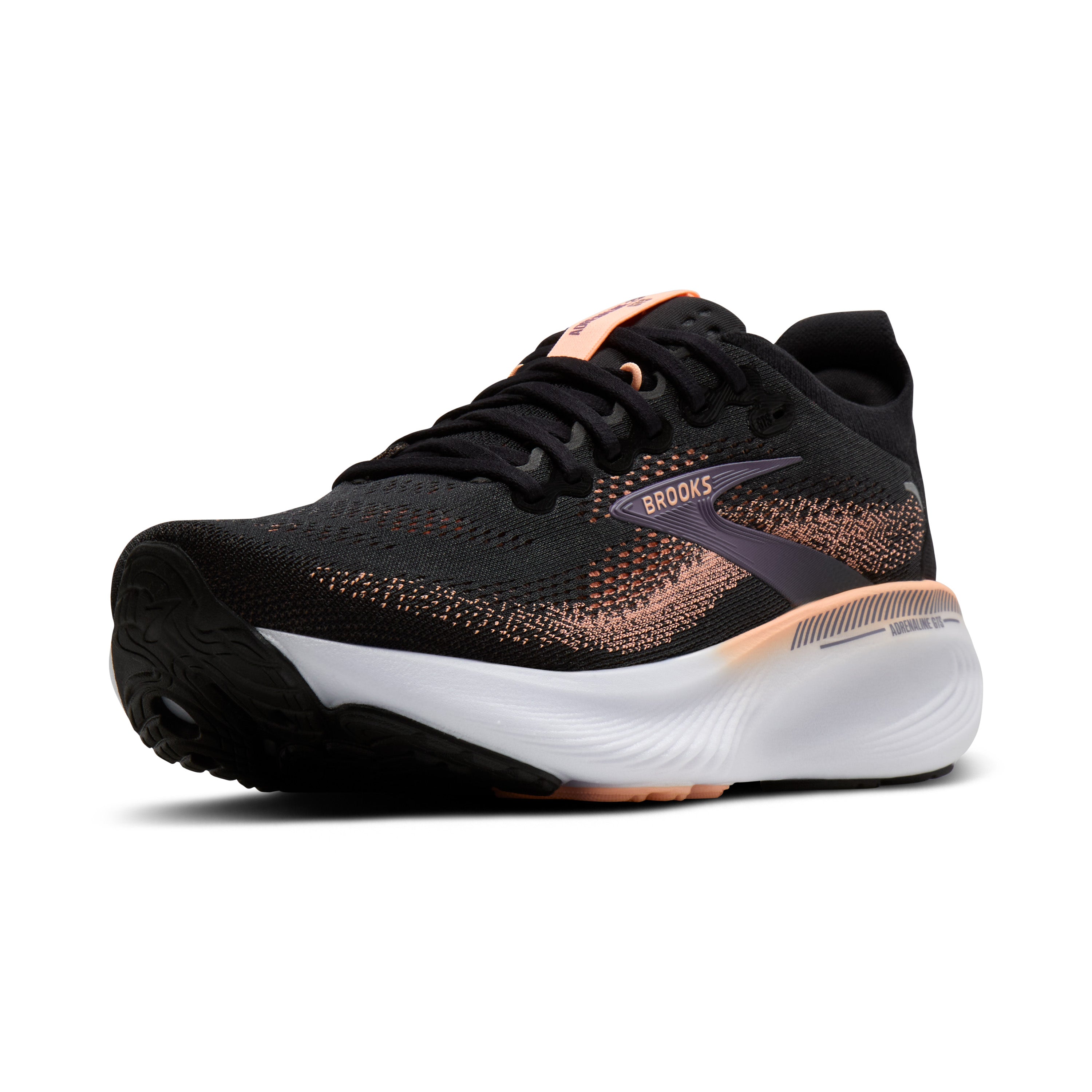 Black running shoe with white sole on a white background