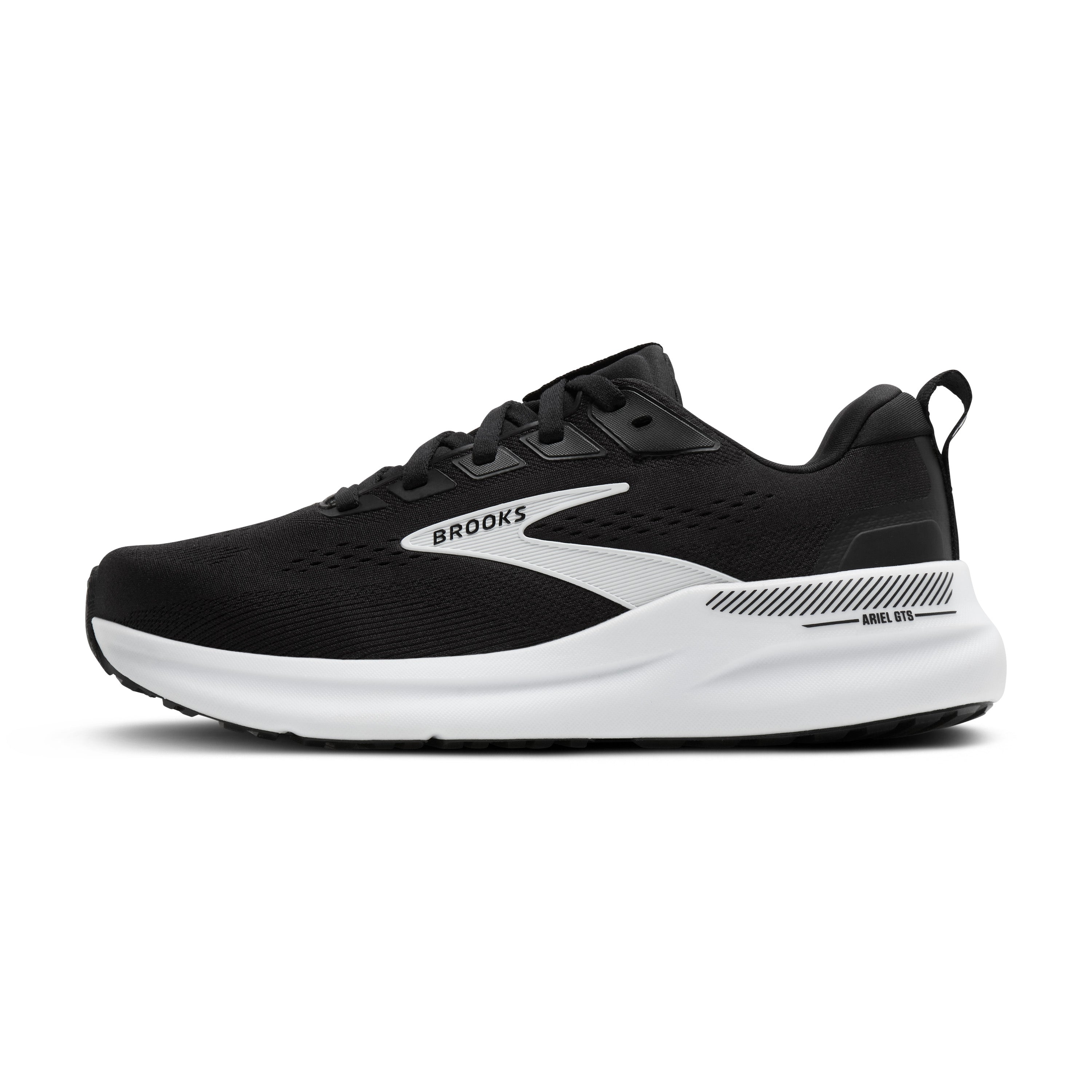 Black and white running shoe with 'Brooks' branding on a white background