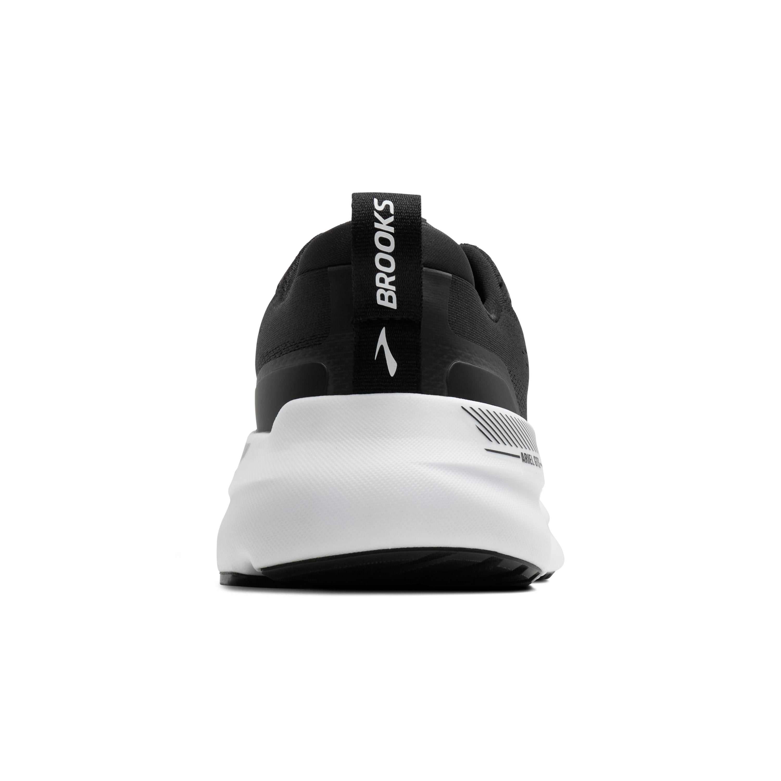 Black running shoe with white sole on a white background