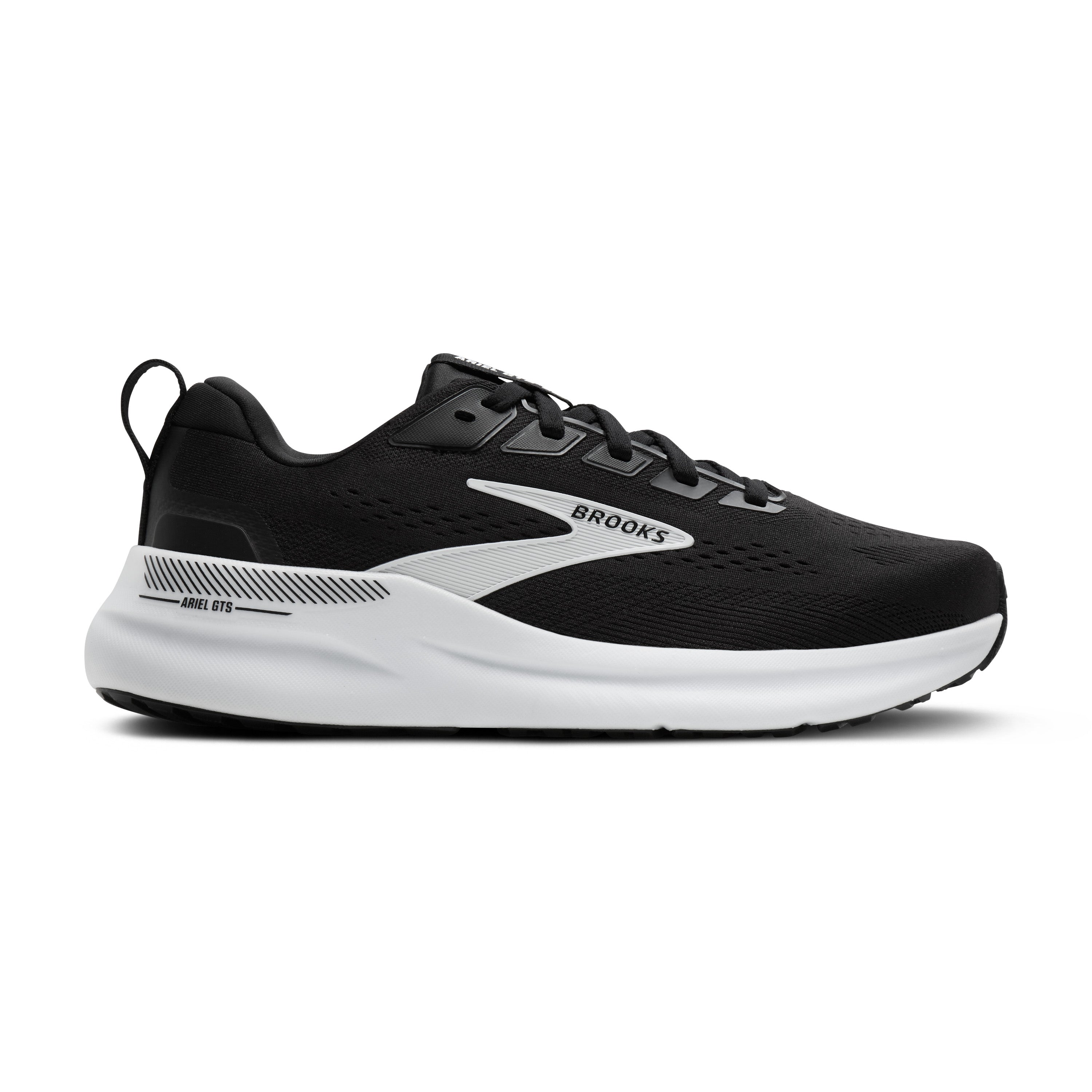 Black running shoe with white sole on a white background