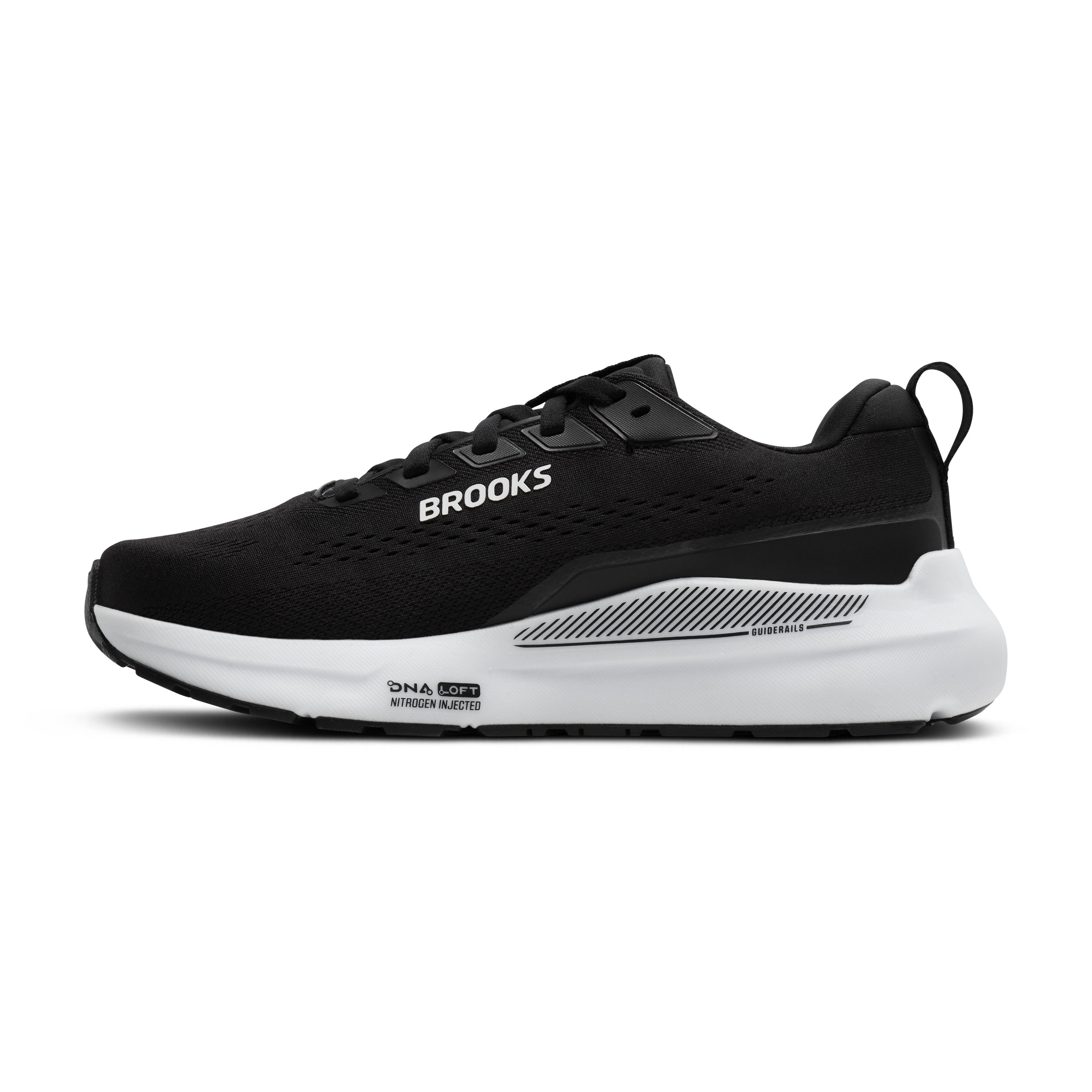 Black running shoe with white sole on a white background