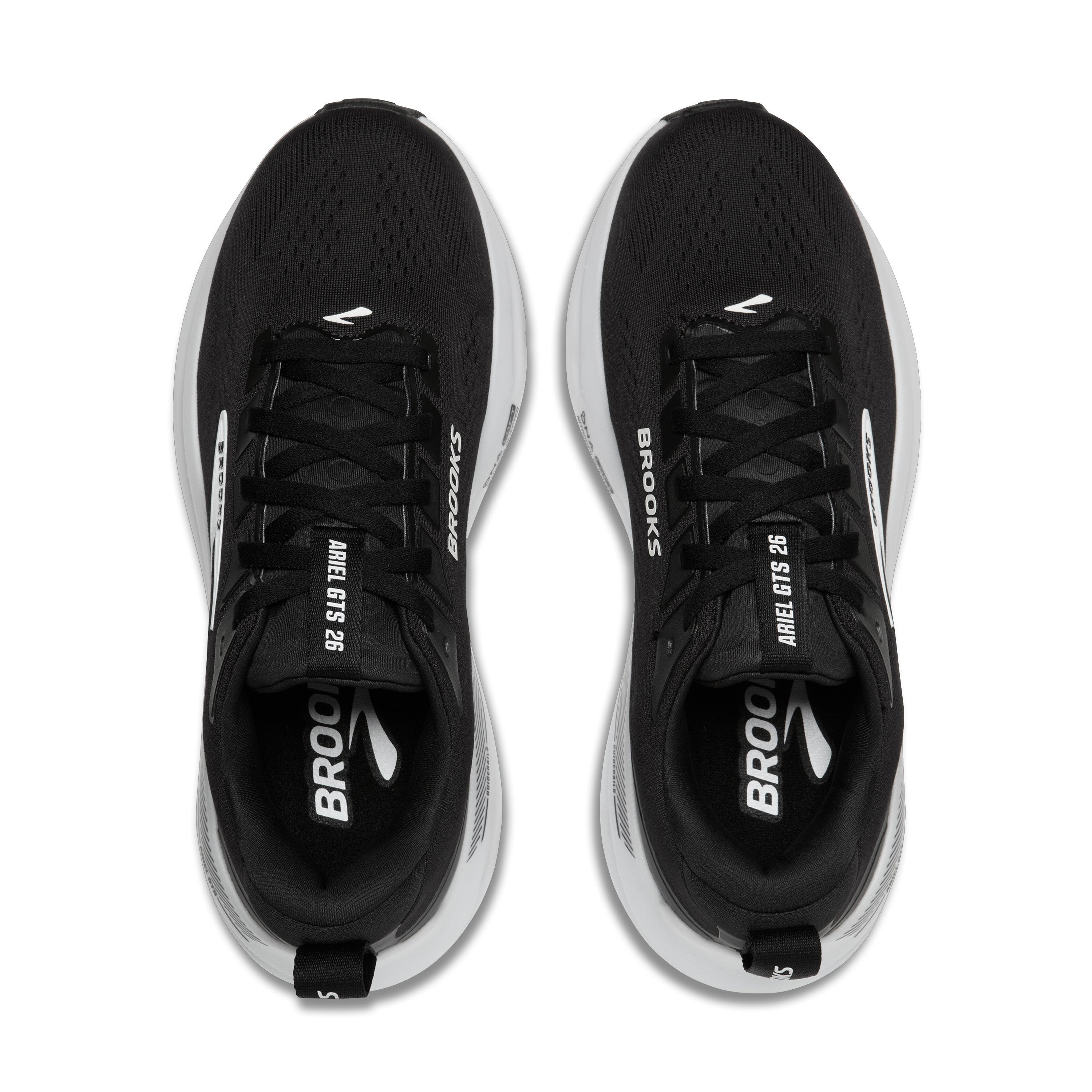 Black running shoes with white soles on a white background