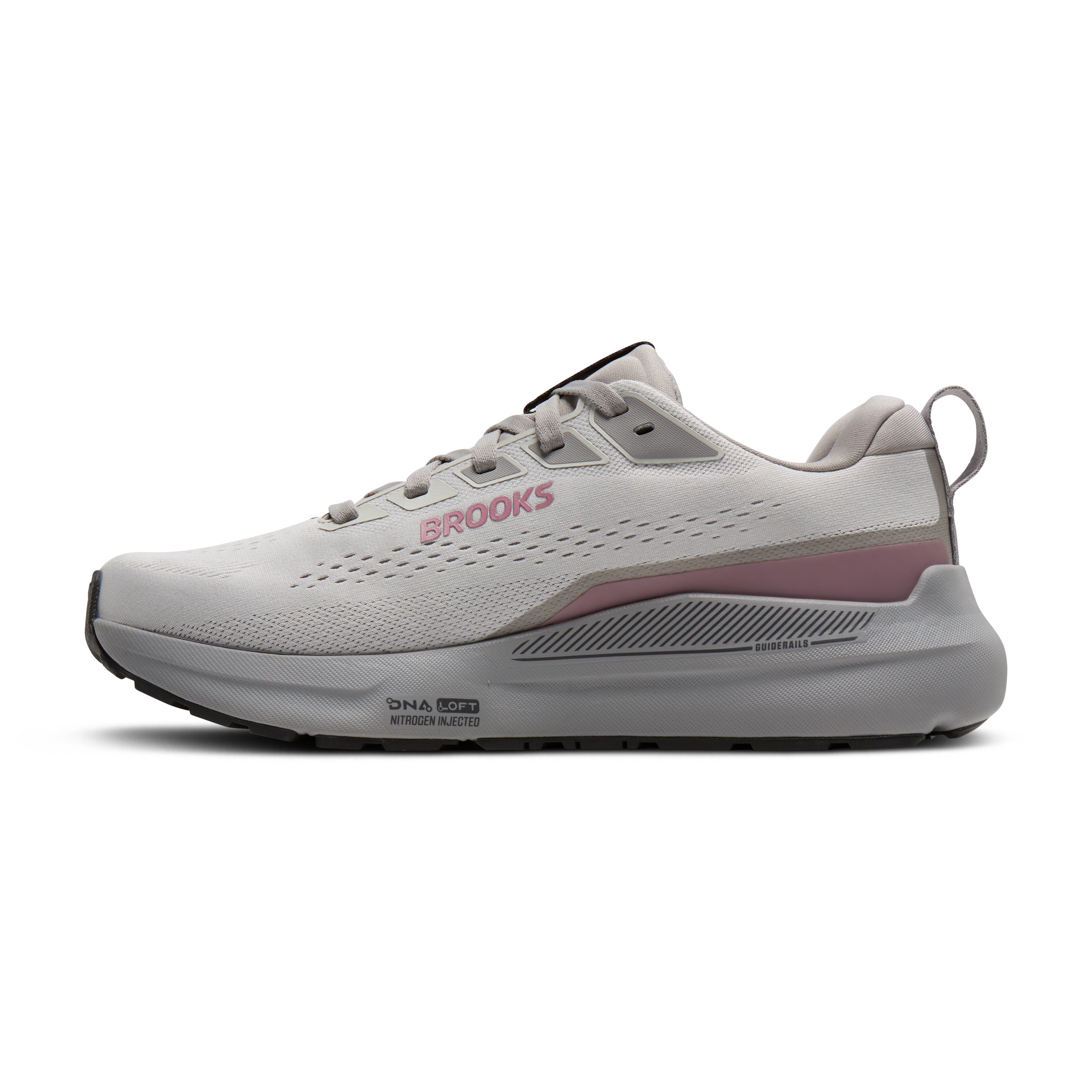 White running shoe with pink accents on a white background