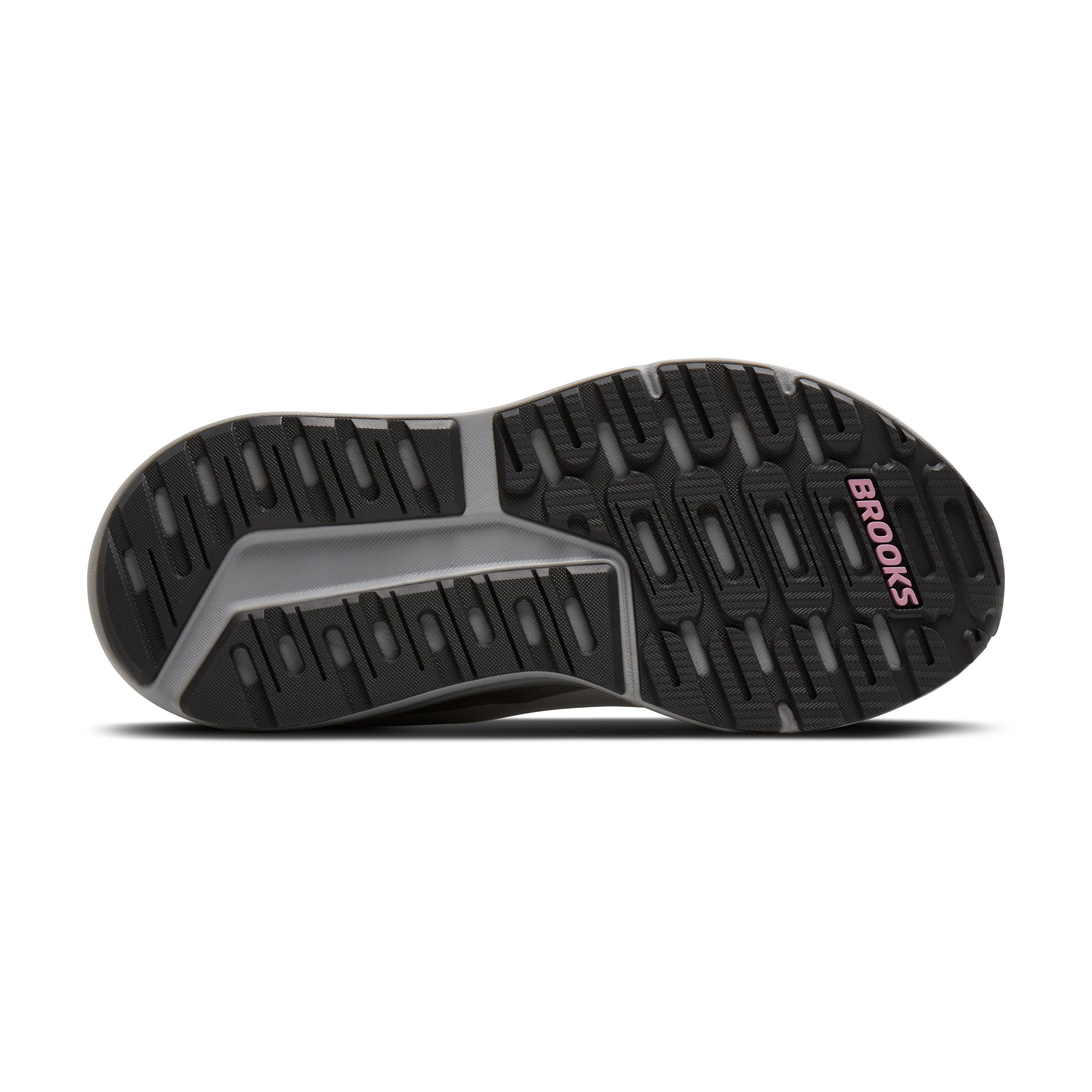 Black and gray running shoe sole with 'Brooks' branding on a white background