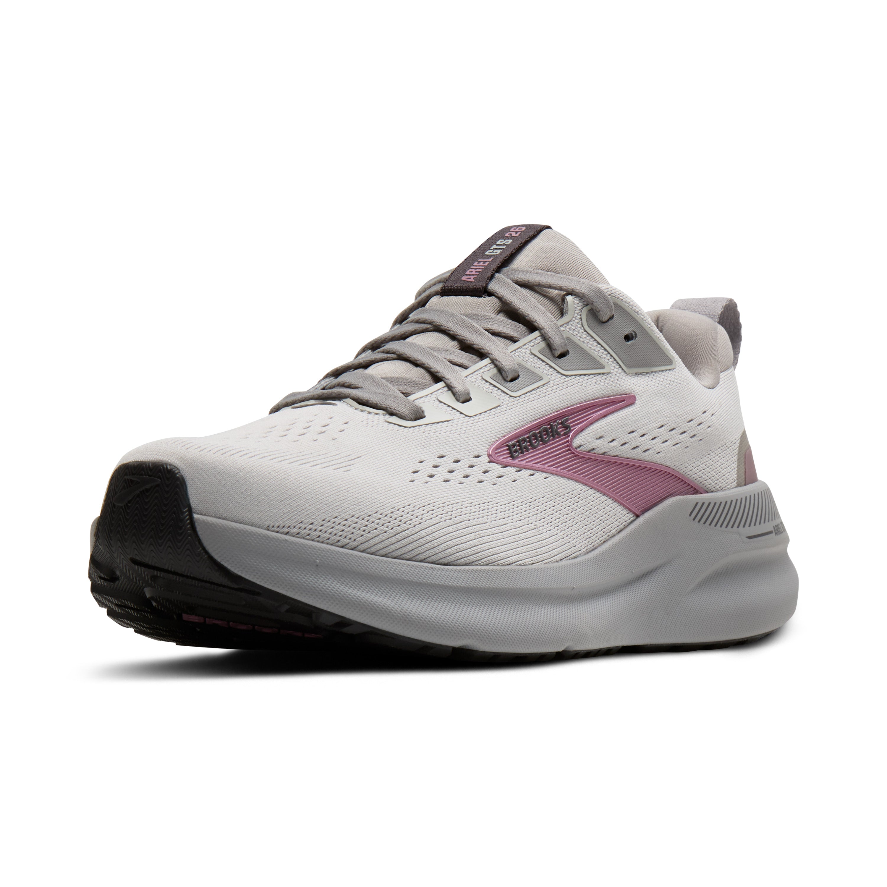 Gray running shoe with pink accents on a white background