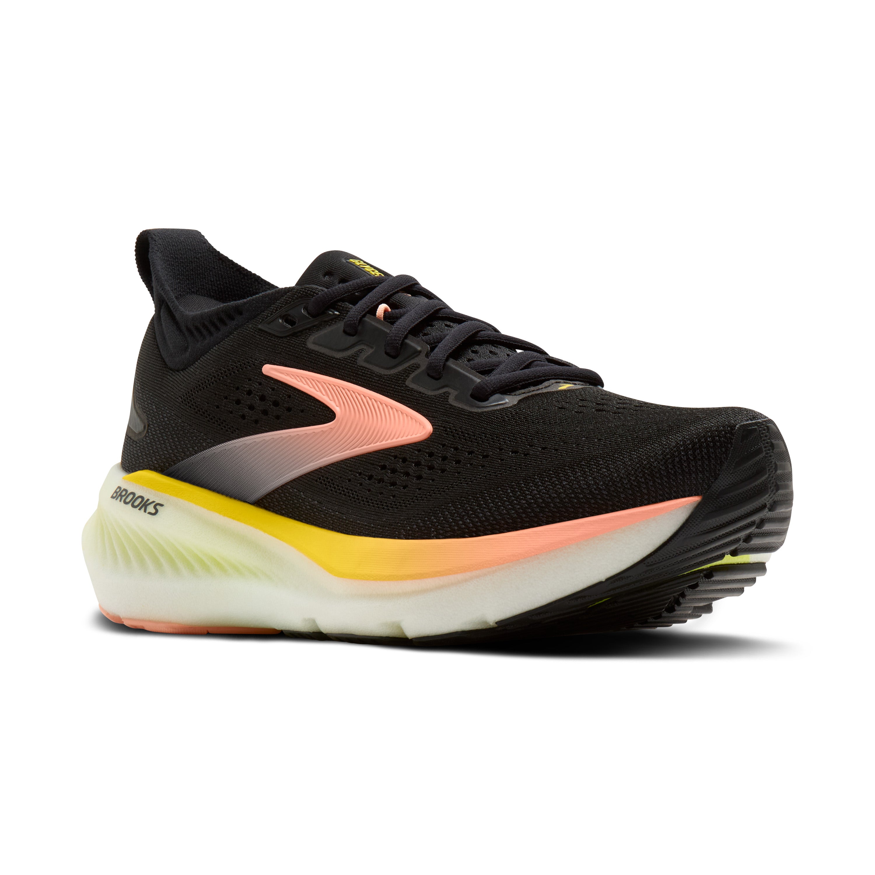 Black running shoe with colorful sole on a white background