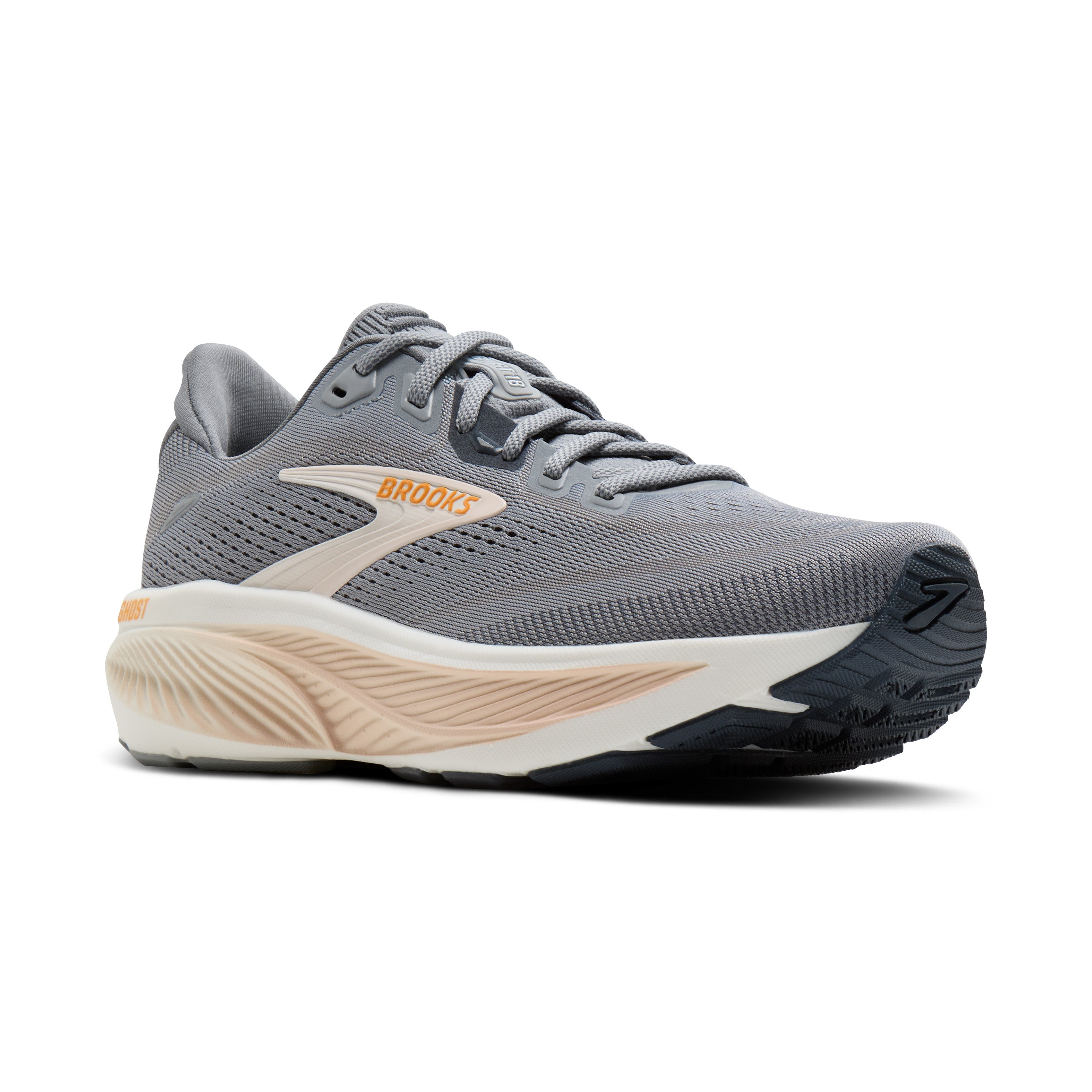 Gray running shoe with 'Brooks' branding on a white background
