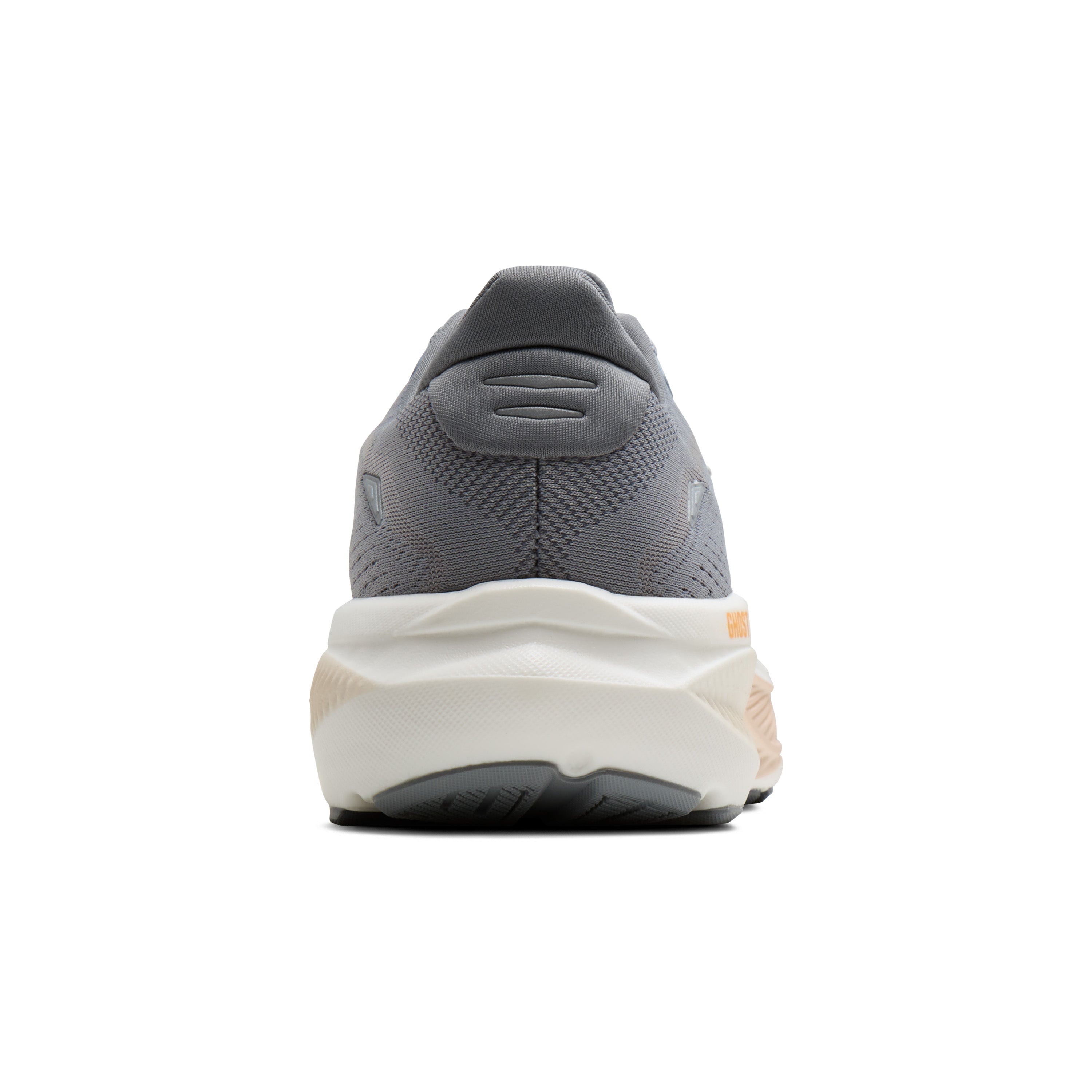 Gray running shoe with a white sole on a white background