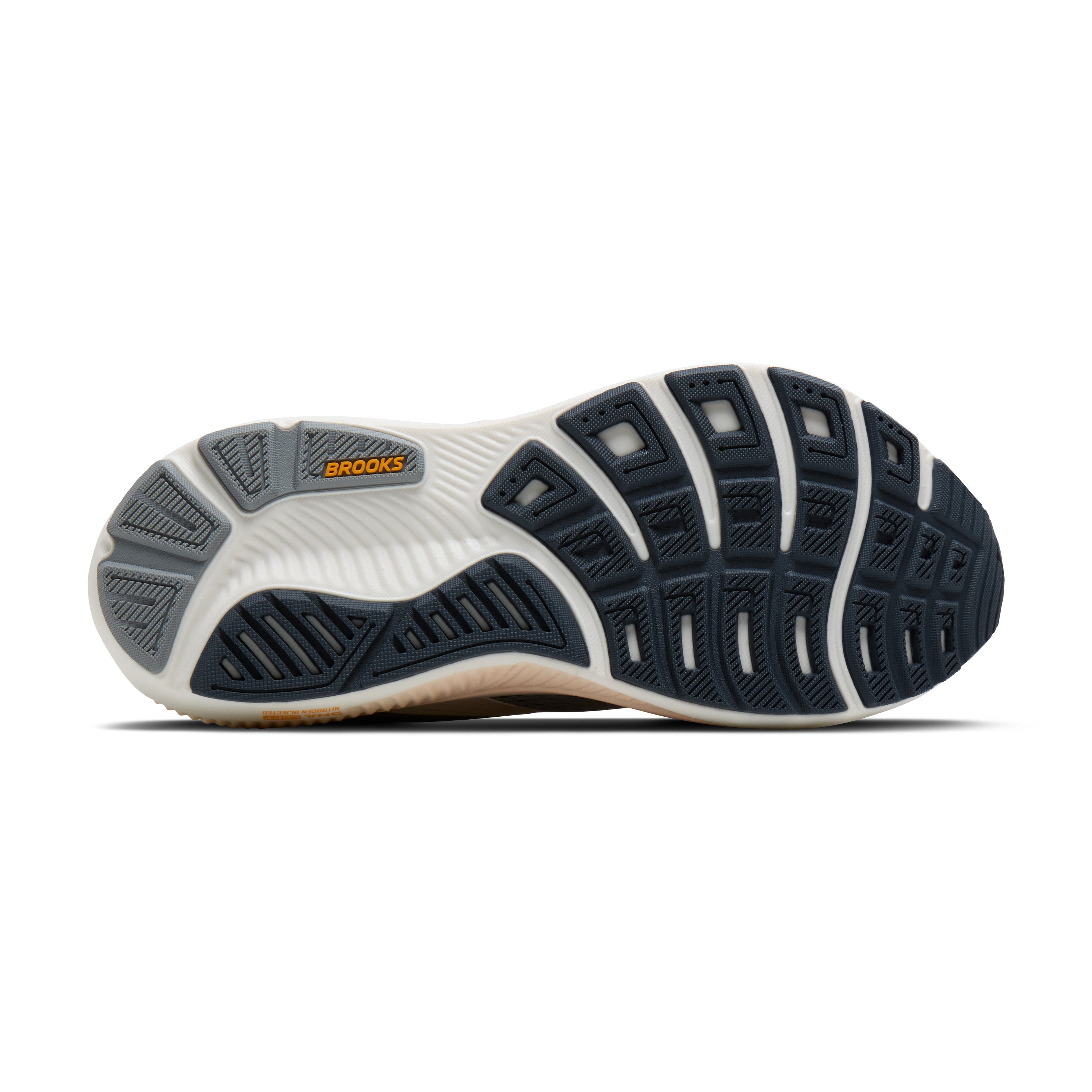 Sole of a running shoe with 'Brooks' branding on a white background
