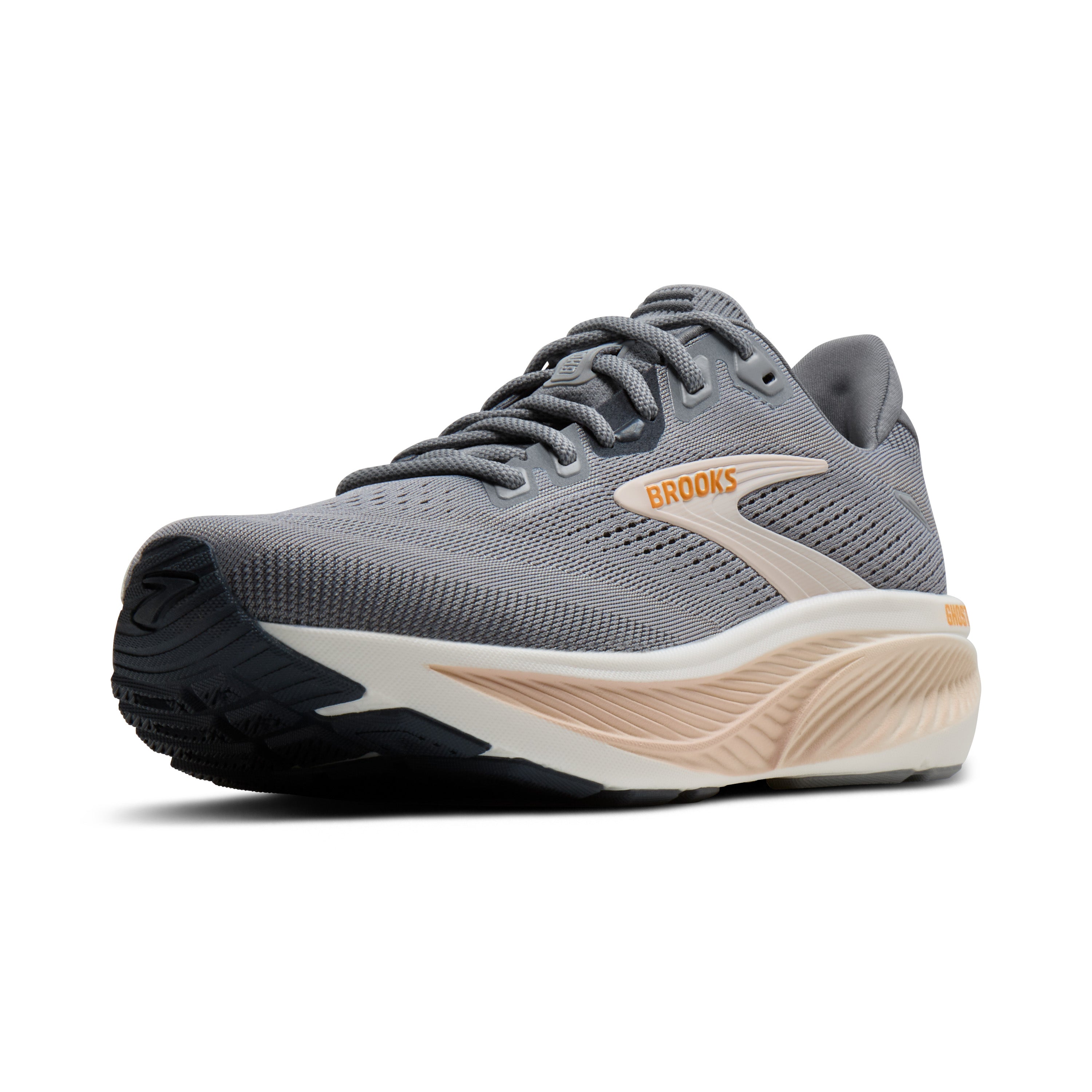 Gray running shoe with 'Brooks' branding on a white background