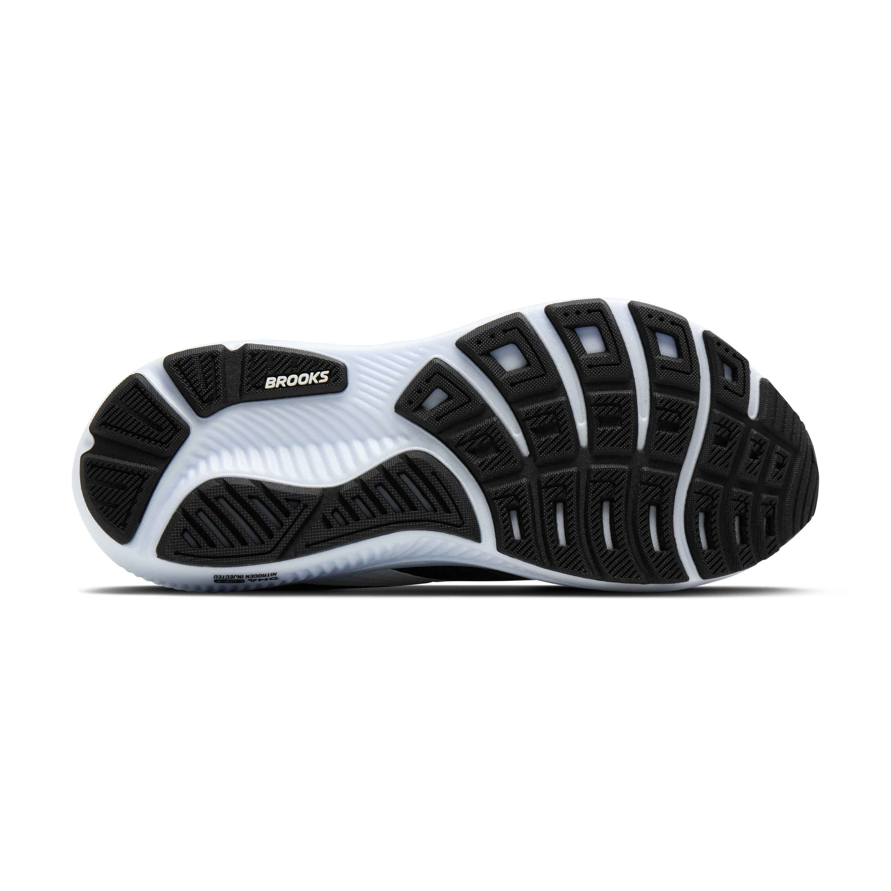 Black and white running shoe with 'Brooks' branding on a white background