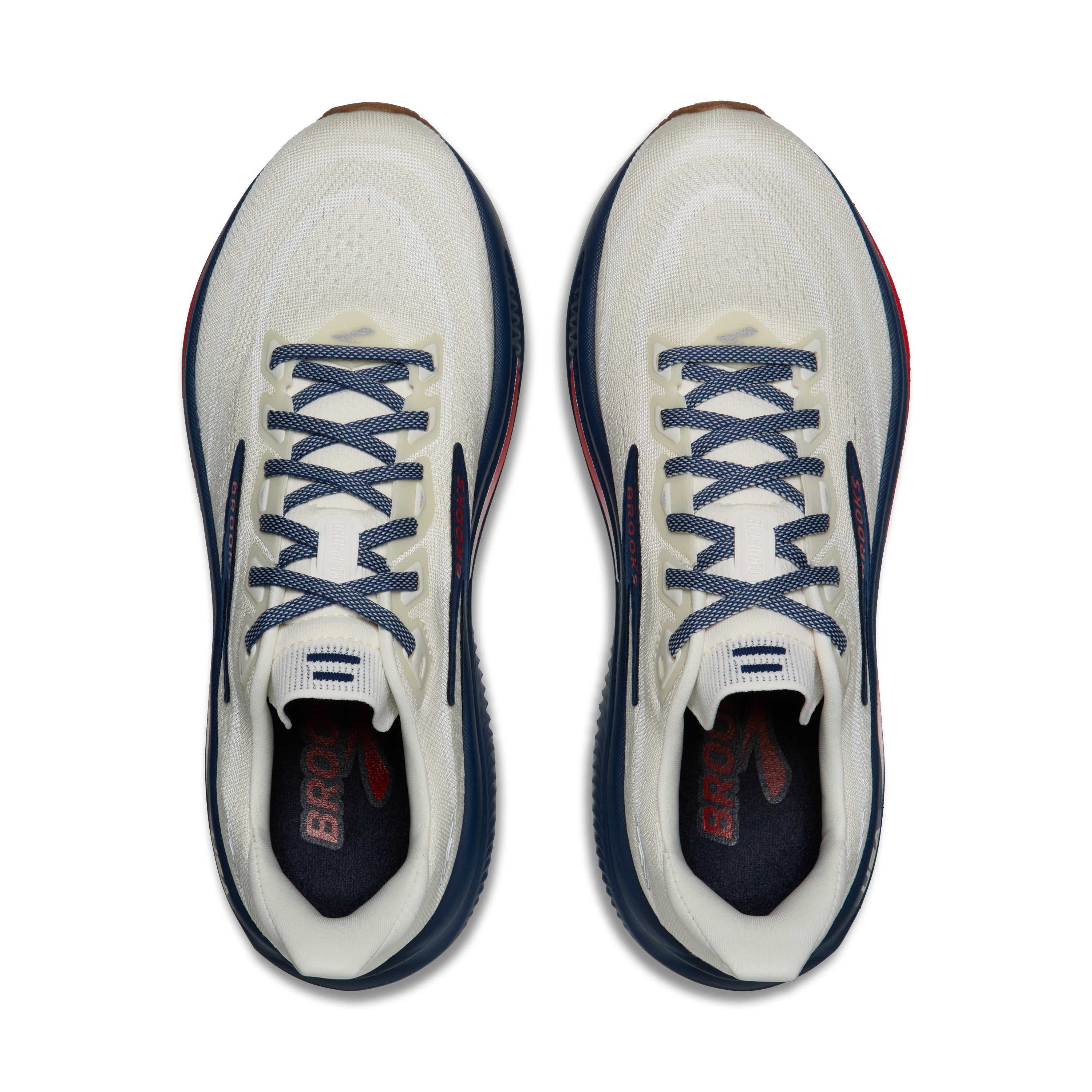 White running shoes with blue laces on a white background
