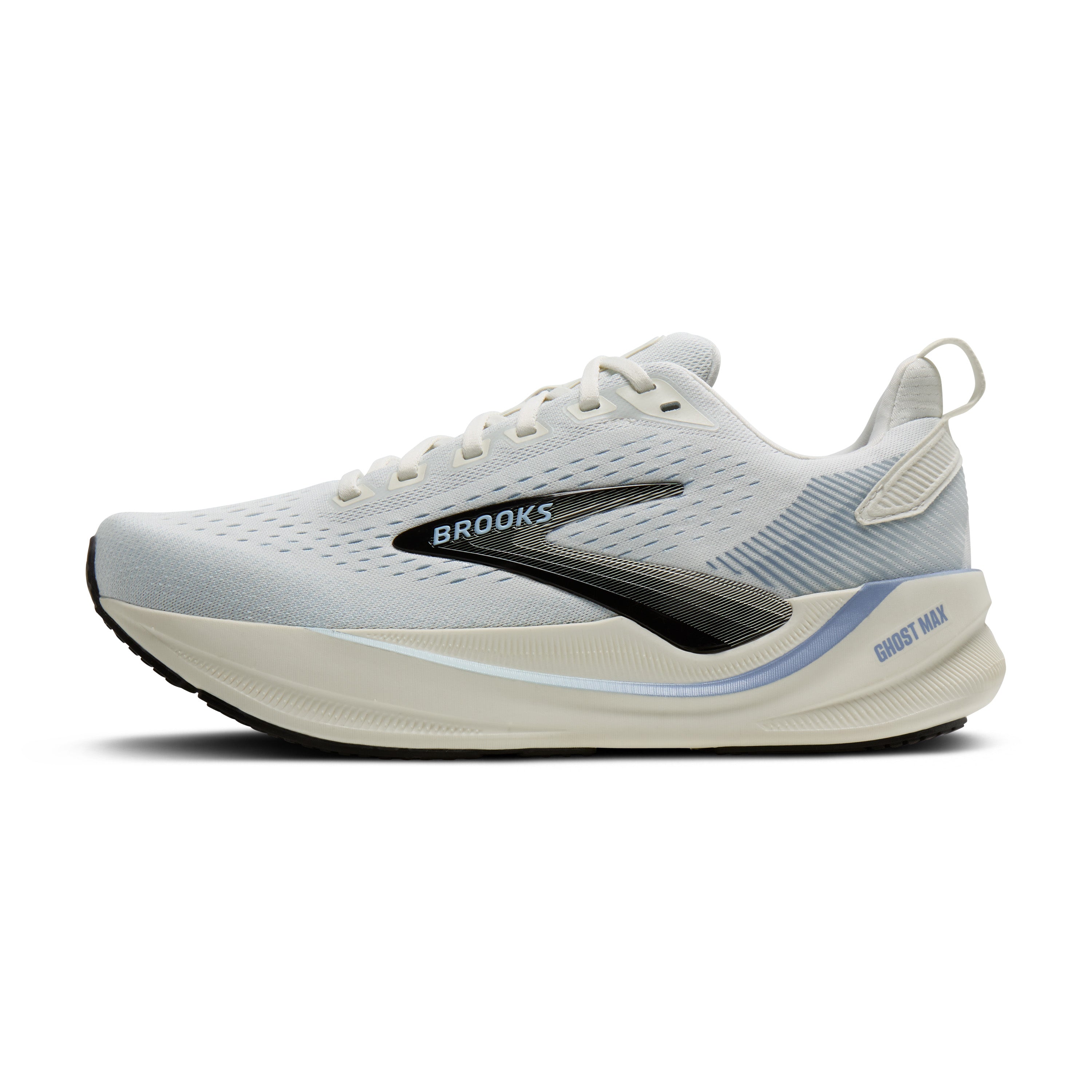 Brooks Ghost Max running shoe in white and light gray with a black logo and blue accent details, shown from a side profile on a white background.