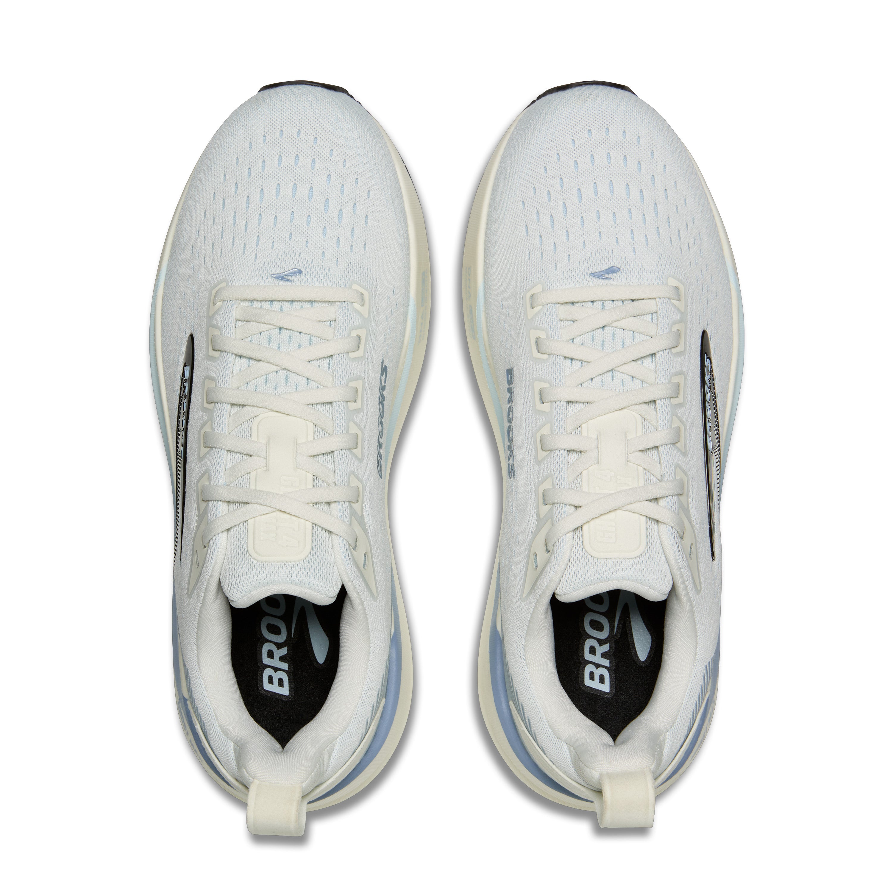 A pair of white Brooks running shoes shown from a top-down view on a solid white background.