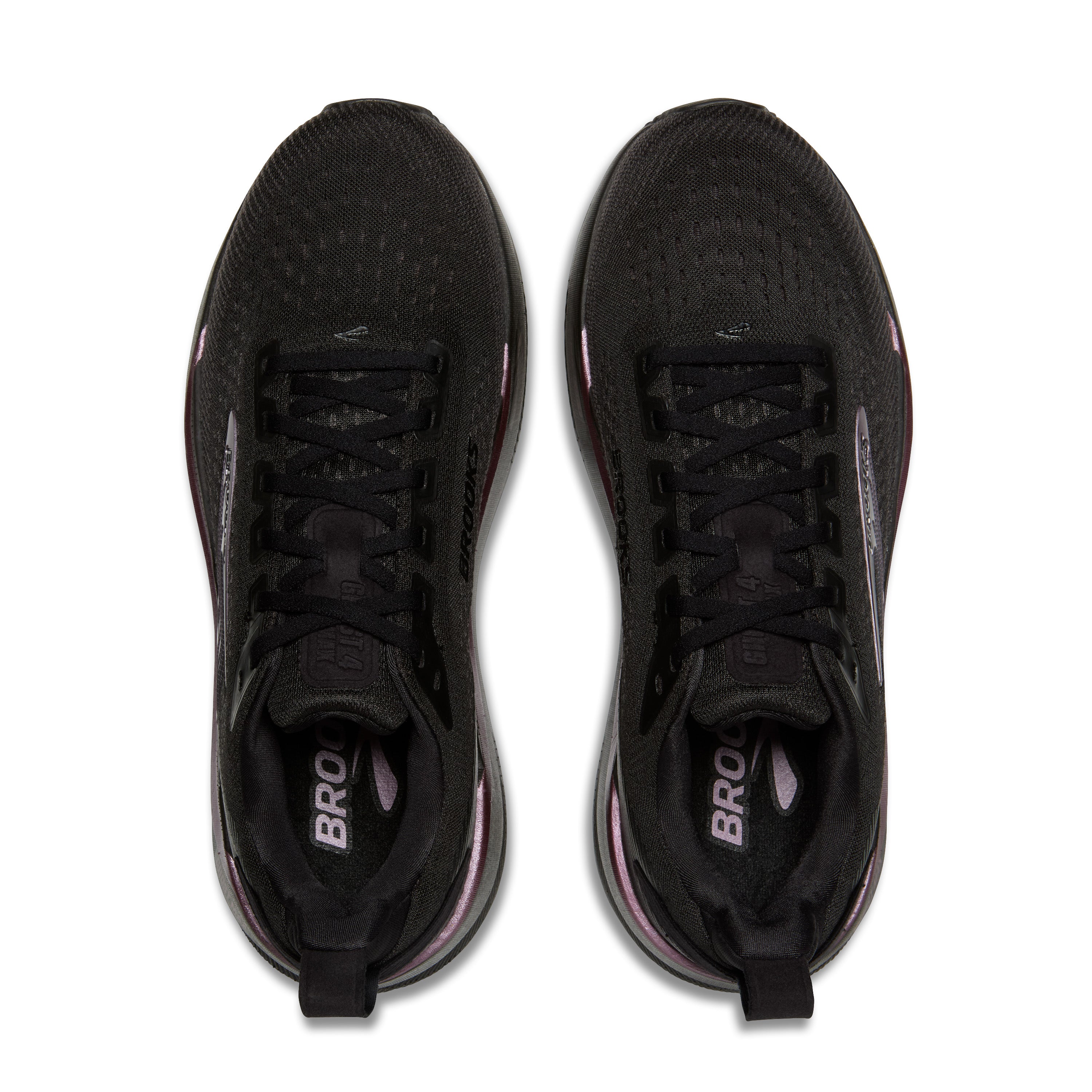 A pair of black Brooks running shoes shown from a top-down view against a light gray background.