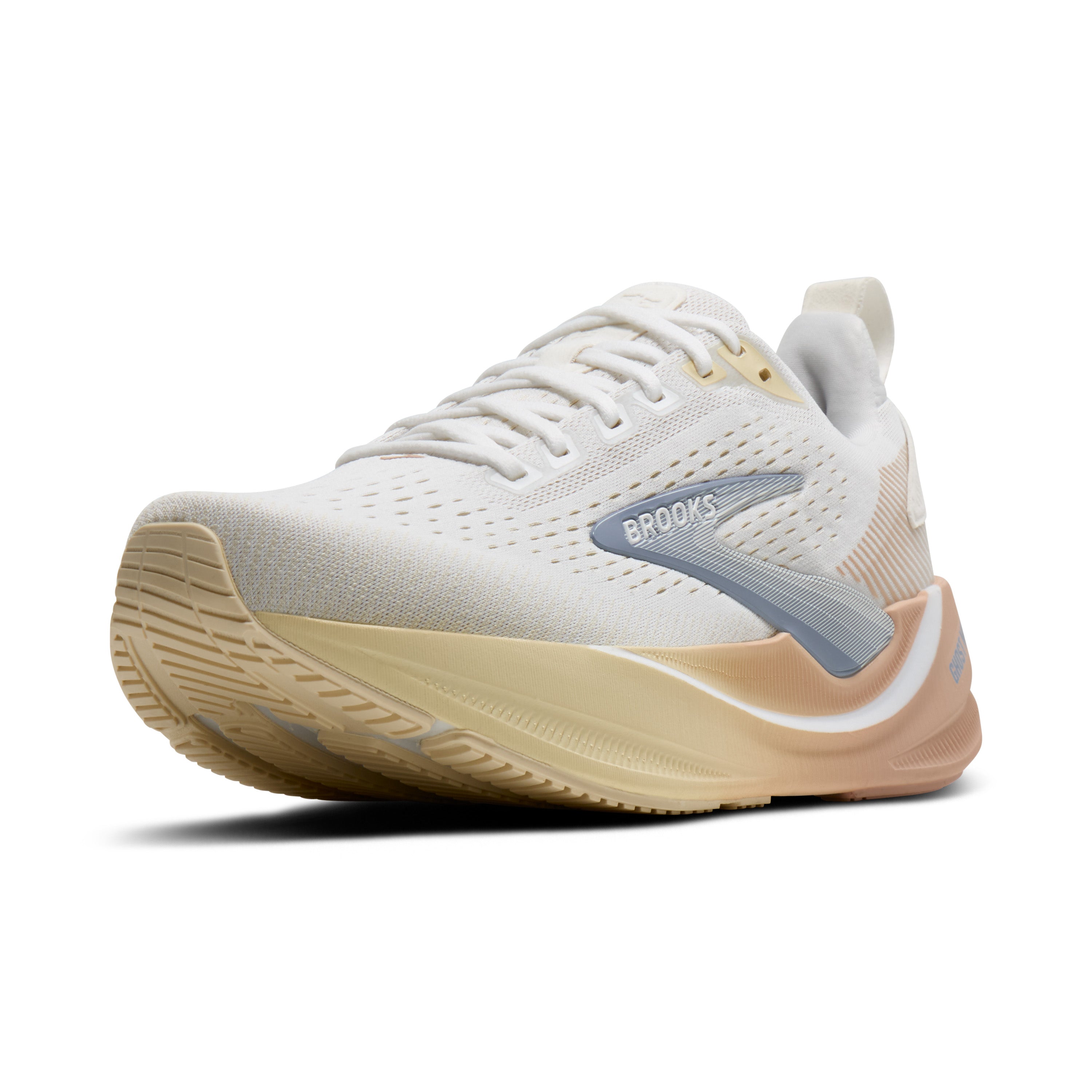 White running shoe with beige sole on a white background