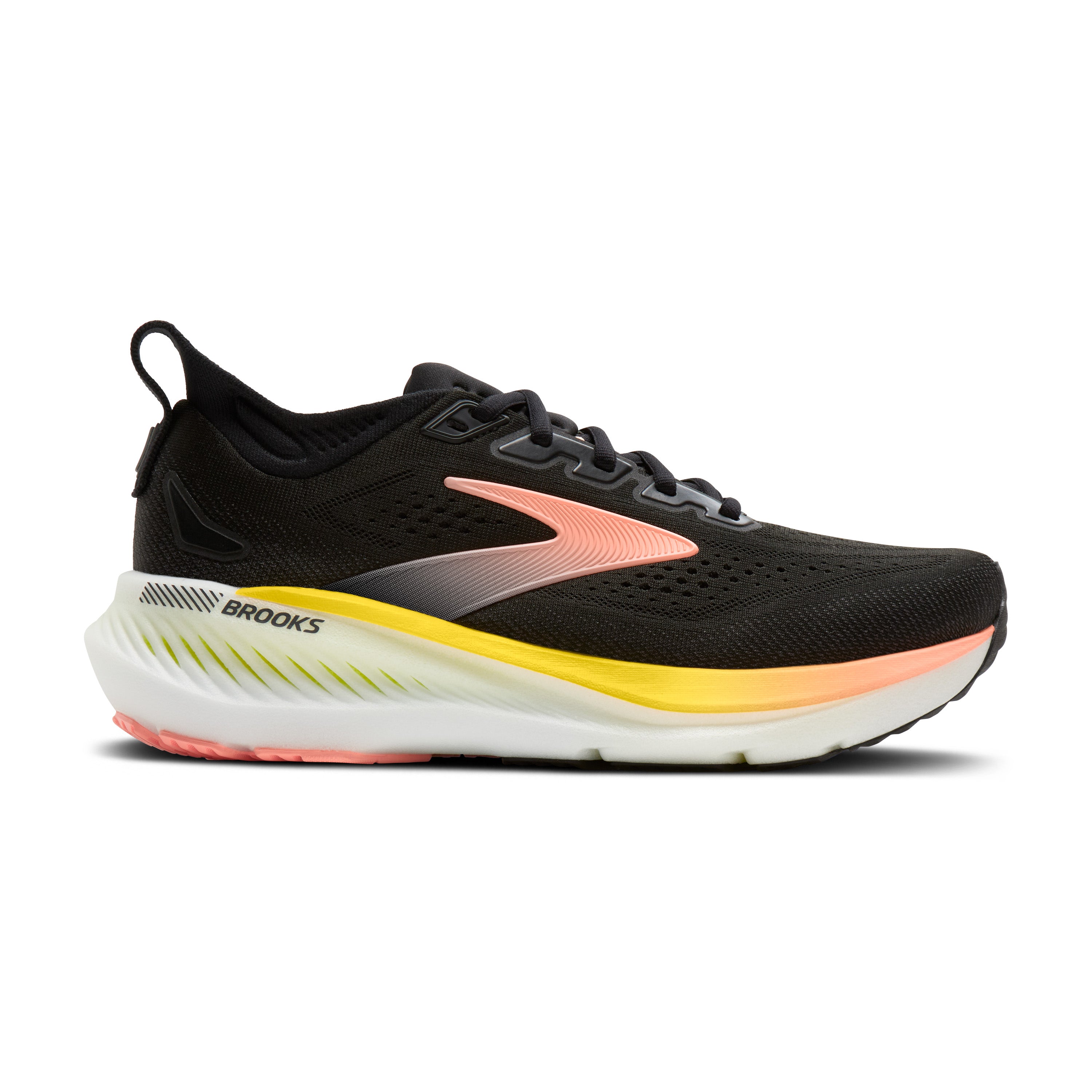 Black running shoe with pink and yellow accents on a white background