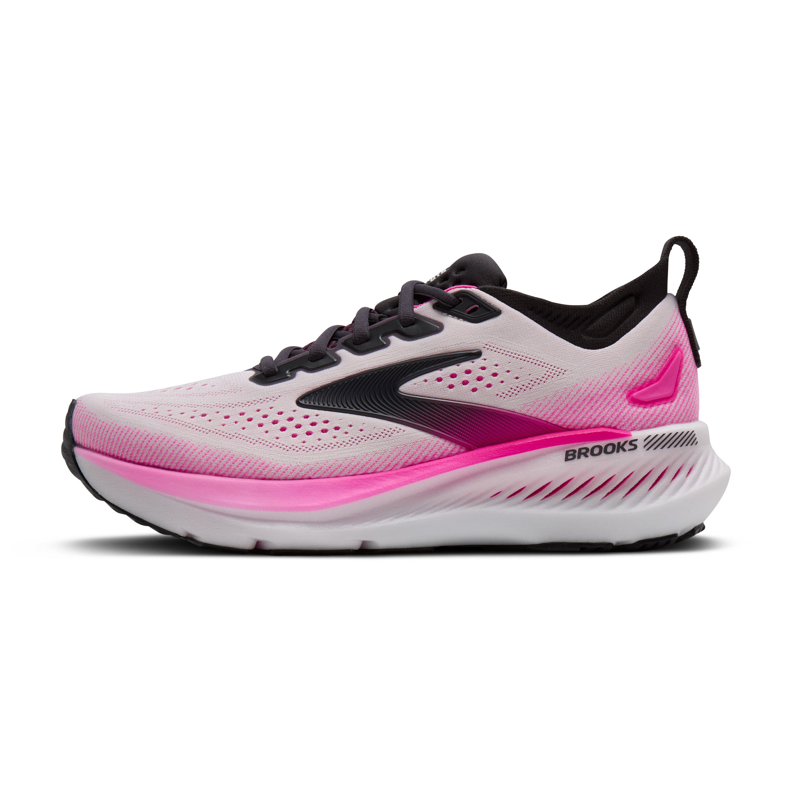 Pink and white running shoe with black accents on a white background