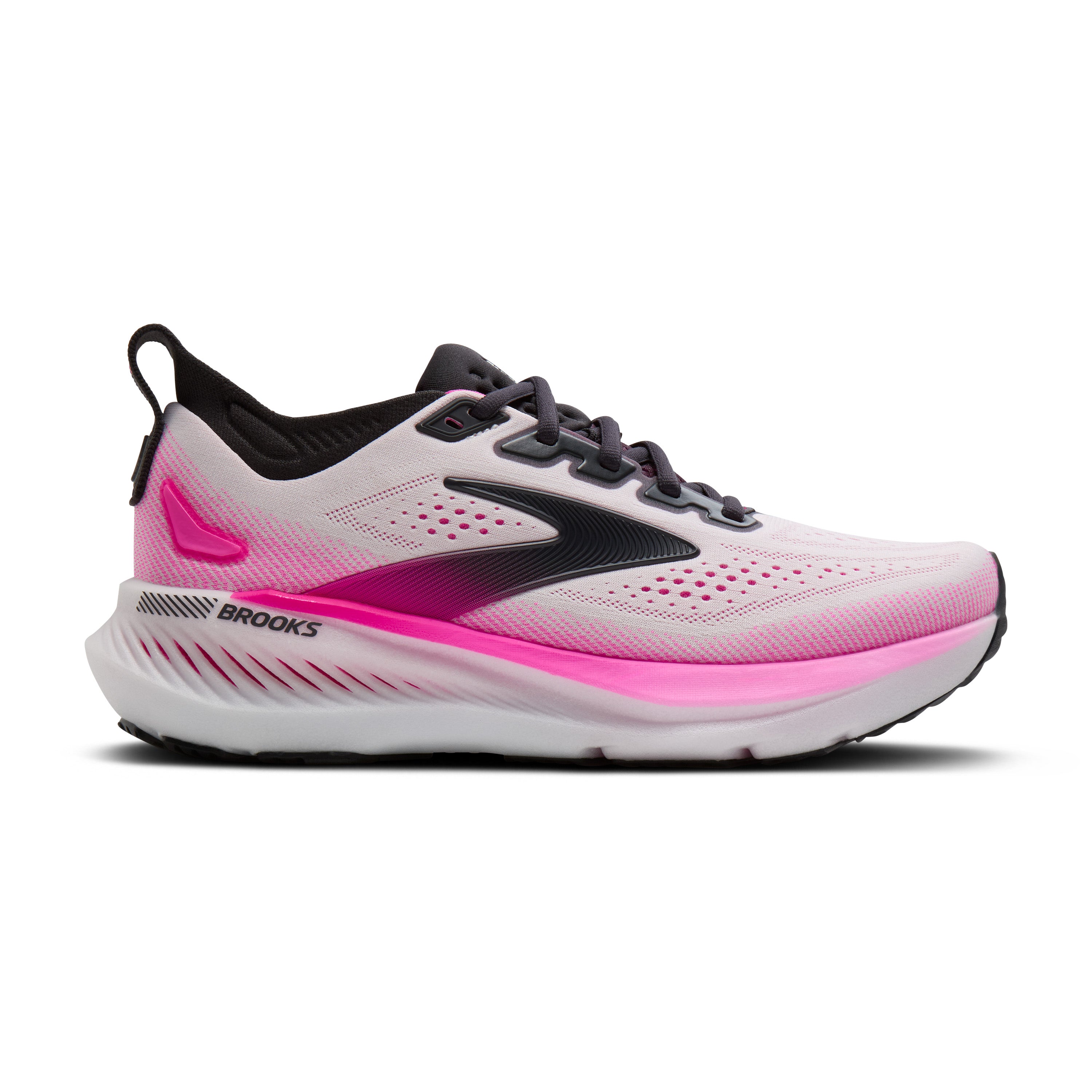 Pink and white running shoe with black accents on a white background