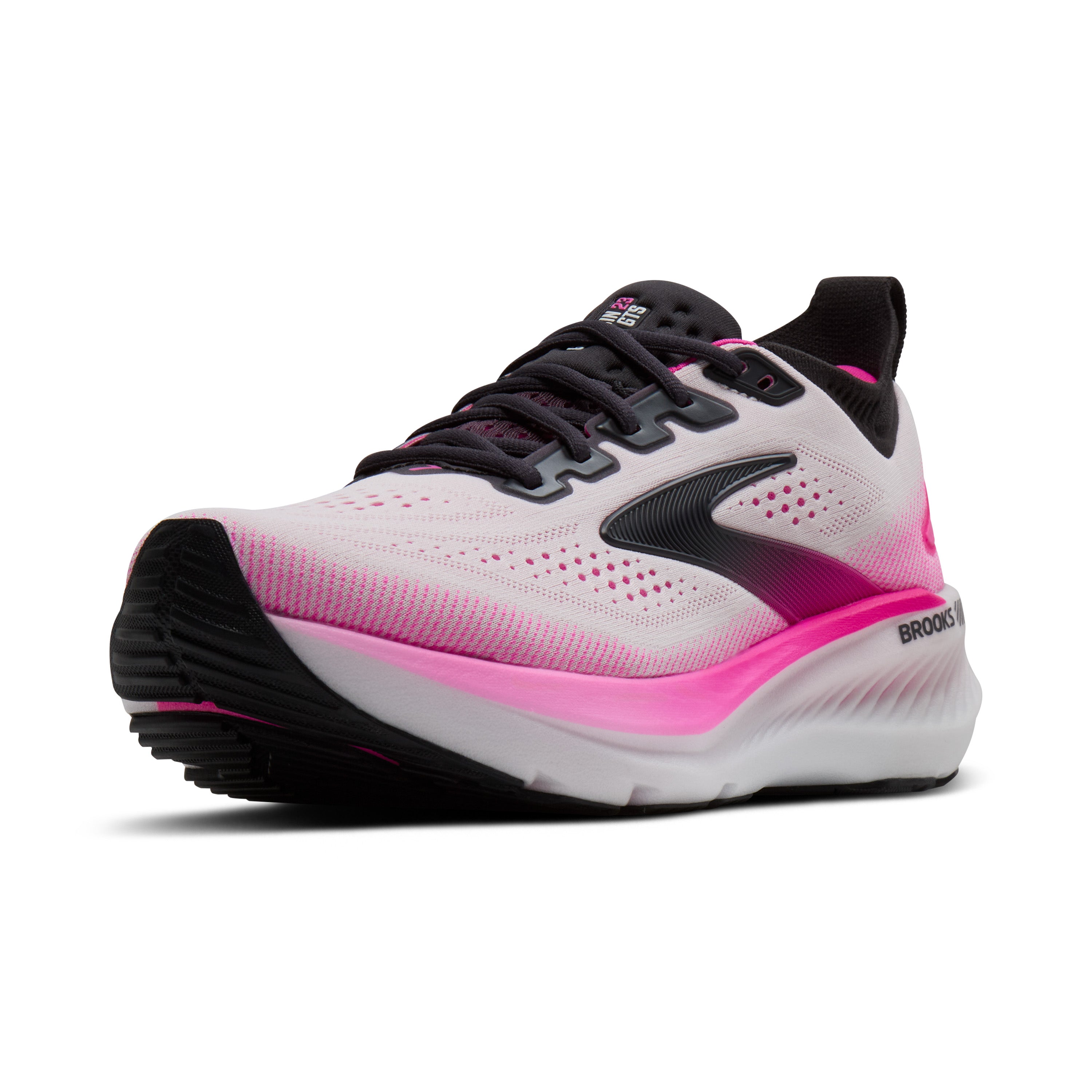Pink and black running shoe on a white background