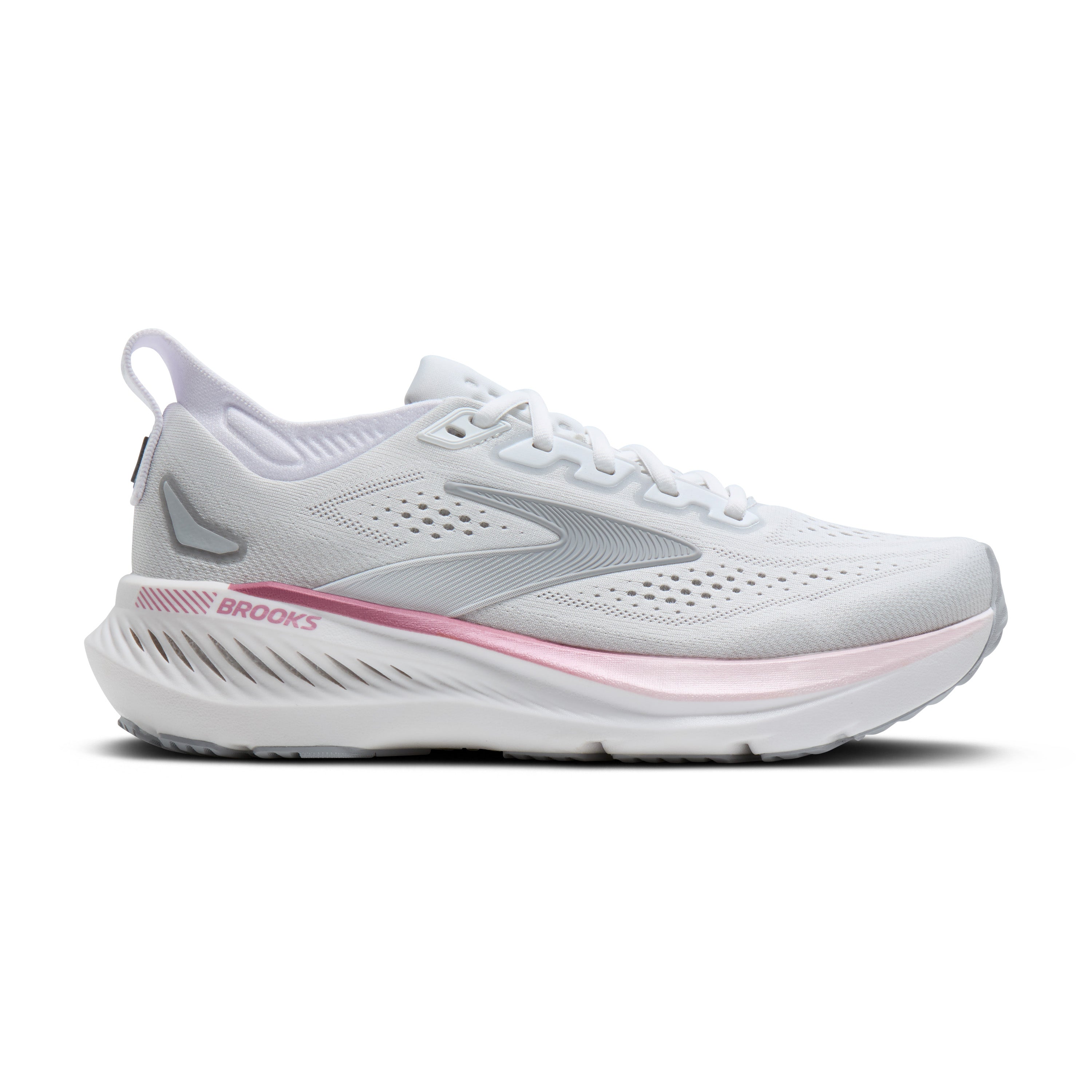 White and gray running shoe with pink sole on a white background