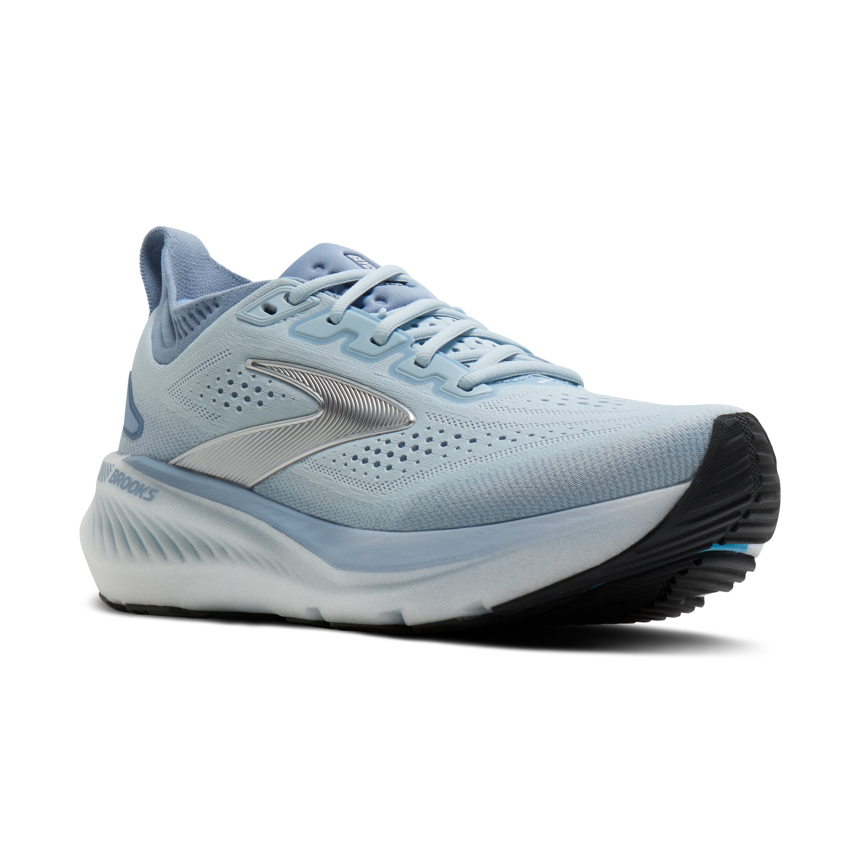 Light blue running shoe with black sole on a white background