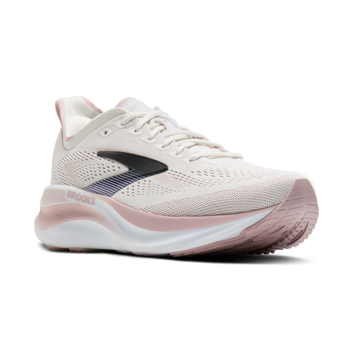 A Brooks running shoe in light pink and white with a black logo accent, shown from a side profile on a white background.