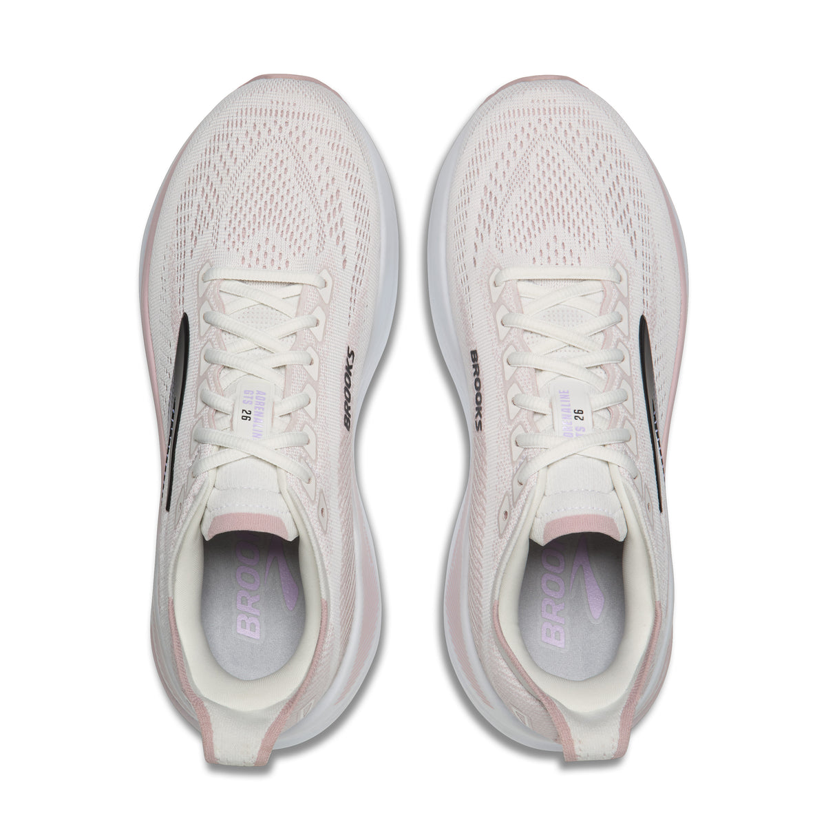 A pair of Brooks running shoes in a light off-white mesh material with subtle pink accents on the collar lining and heel edges, shown from a top-down view on a white background.