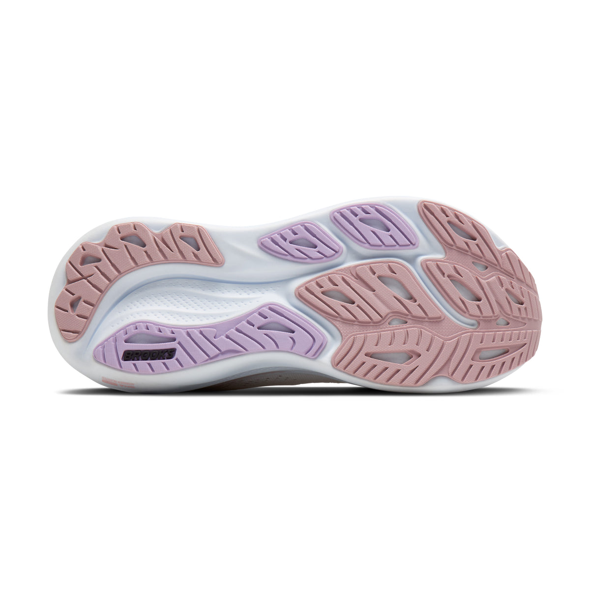 The outsole of a running shoe shown from a top-down view, featuring a white midsole with pink and lavender-purple textured rubber tread.