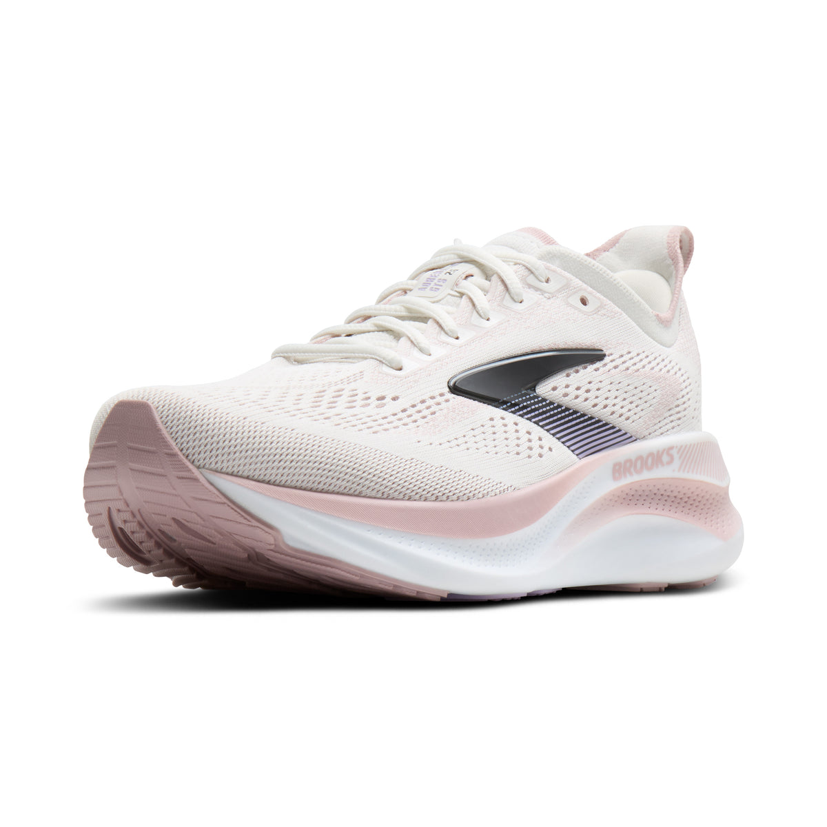 A Brooks running shoe in light pink and white, featuring a breathable mesh upper, white laces, a black and white side logo, and a thick white and pink midsole, shown against a plain white background.