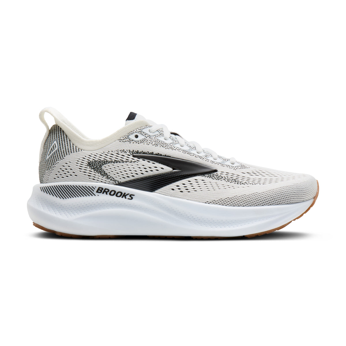 Brooks Glycerin running shoe in white, gray, and black with a white midsole and gum outsole, shown in a side profile on a white background.