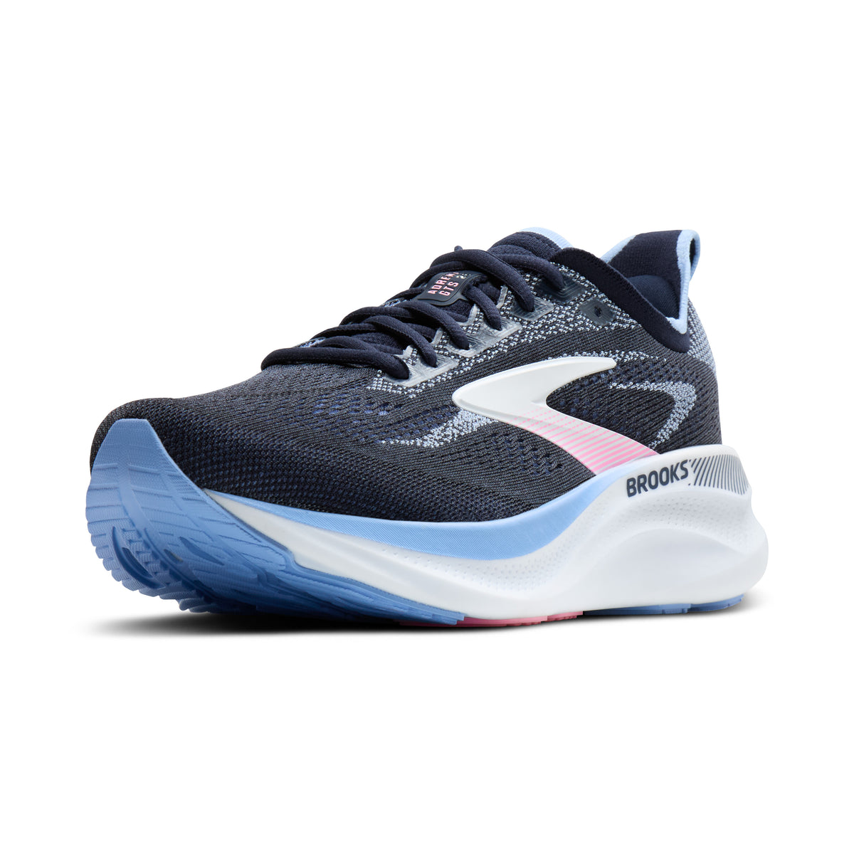 Brooks Glycerin running shoe in navy blue with a white and light blue midsole, pink side accent, and a white Brooks logo on a clean white background.