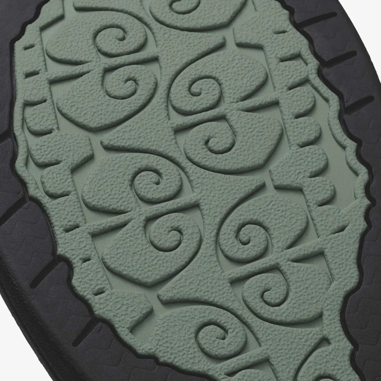 Close-up of a textured green mat with intricate patterns browns shoe fit dubuque