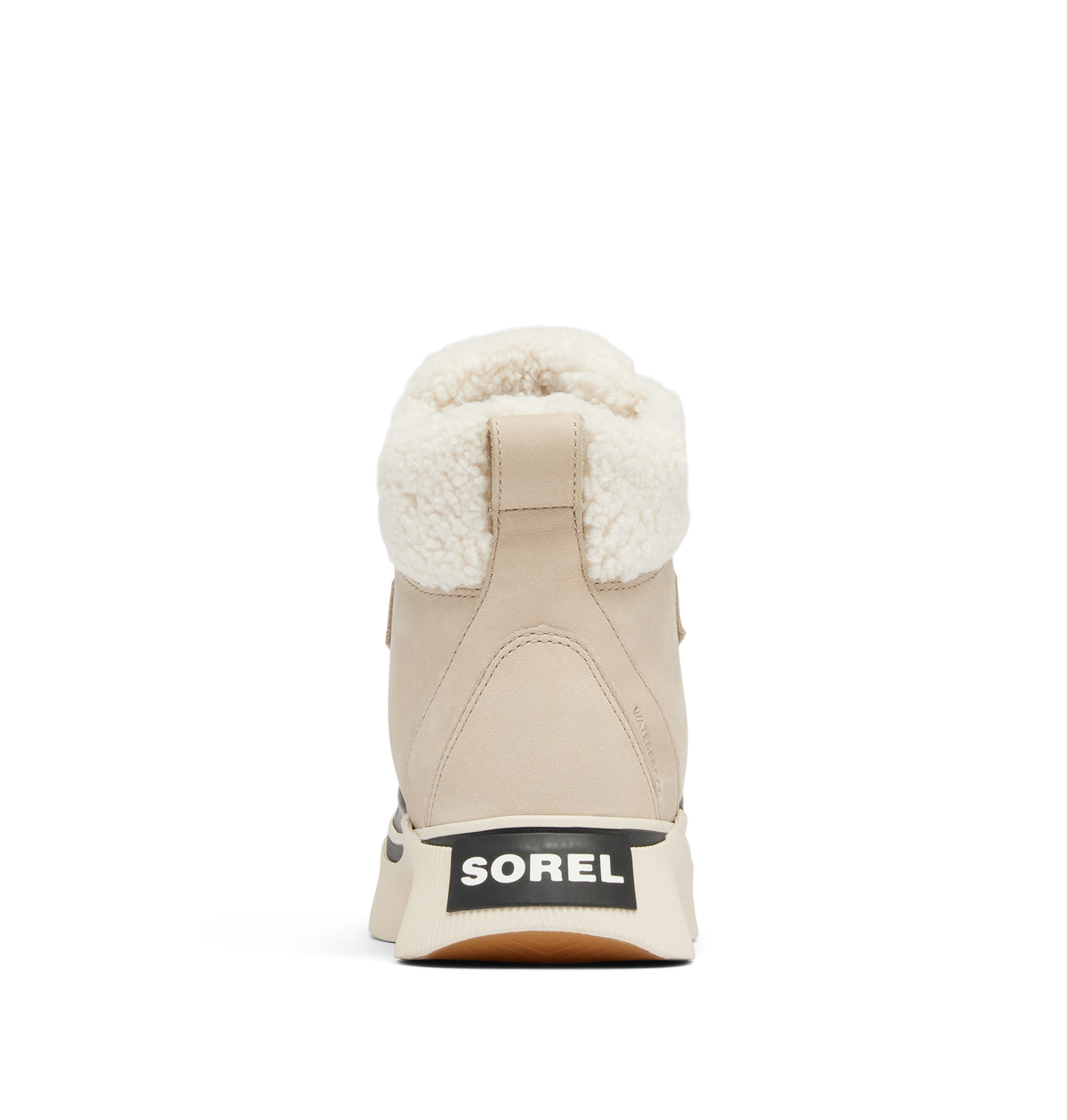 A beige Sorel mid-height winter boot with a cream sherpa lining and a black Sorel logo patch on the heel, shown from the back on a white background.