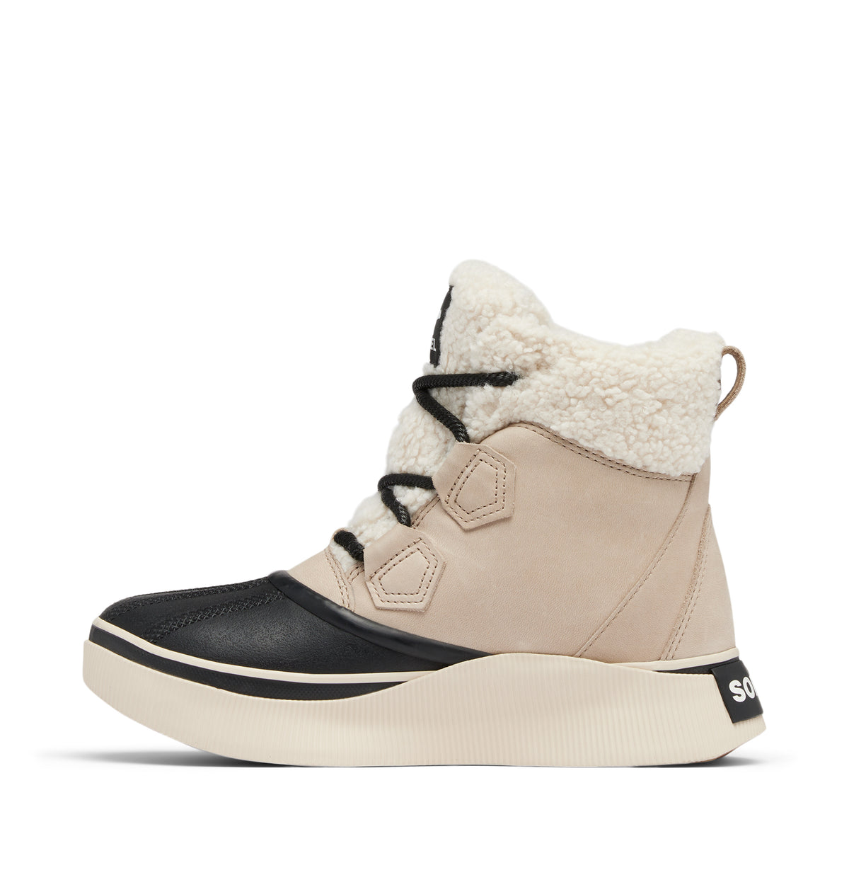 A mid-height winter boot with a beige suede upper, black leather toe cap, black laces, and a thick cream-colored platform sole with a white sherpa lining.
