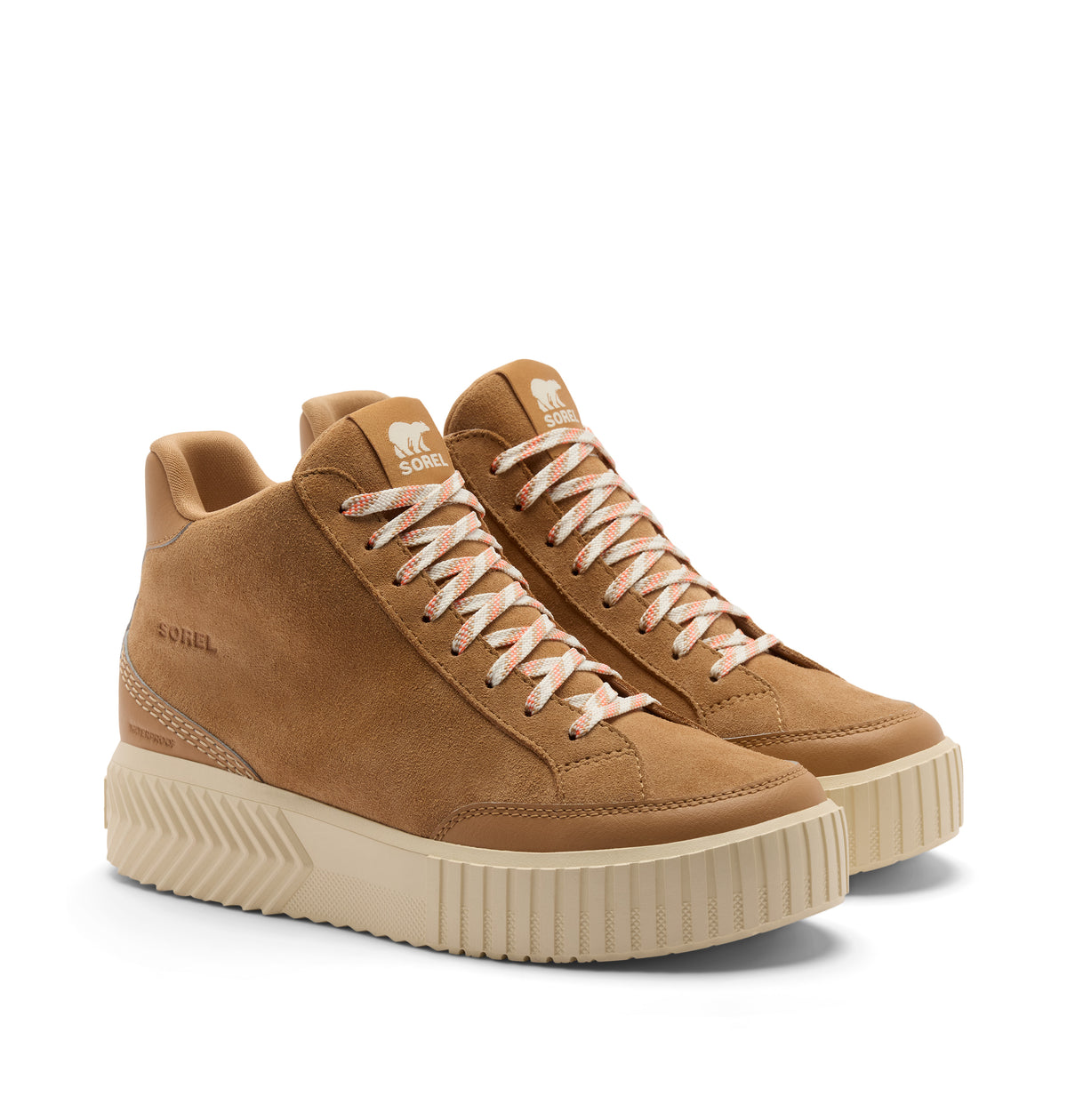 A pair of high-top platform sneakers in tan suede with beige laces and thick cream-colored platform soles, shown on a white background.